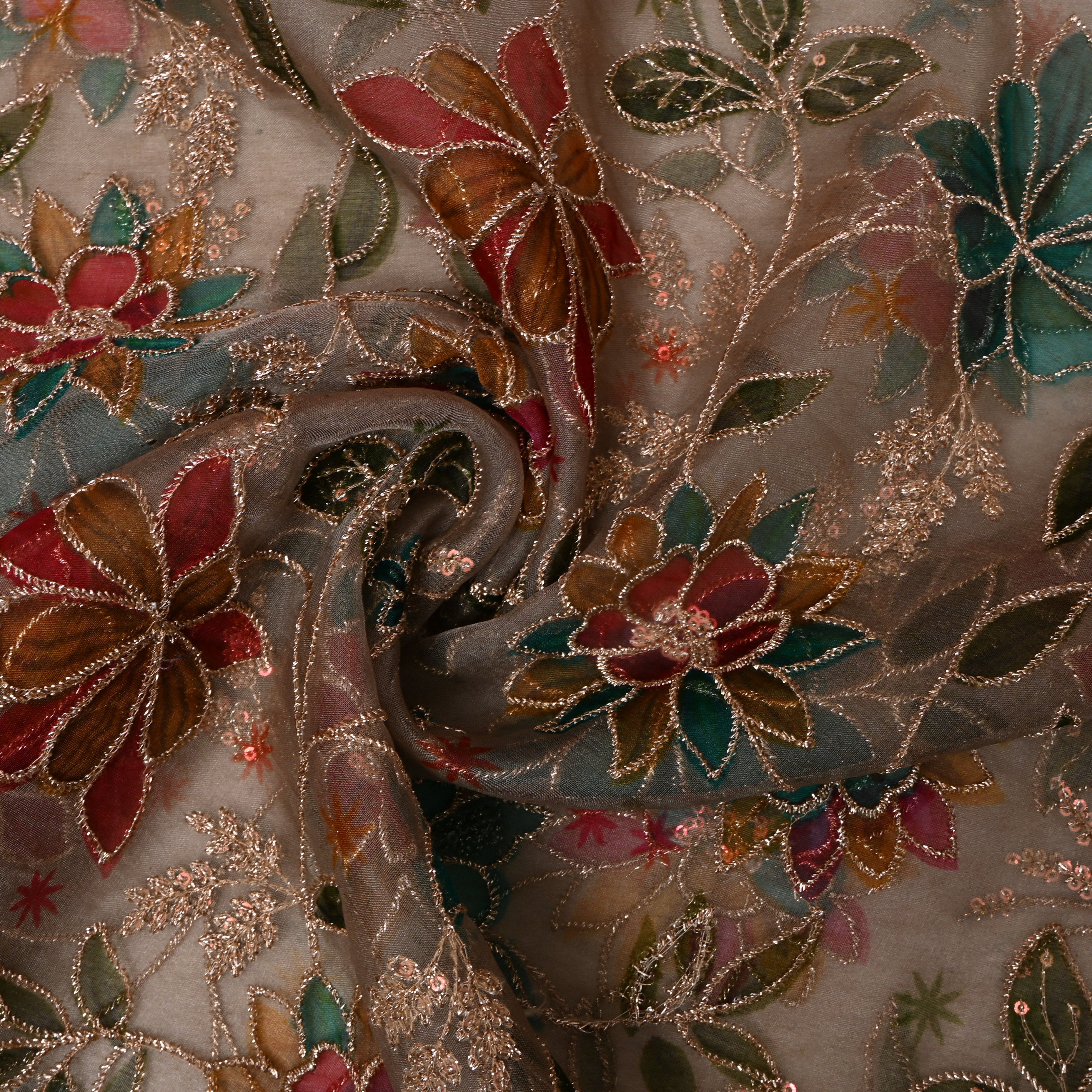 Mushroom Taupe Printed Floral Embroidery Organza Fabric