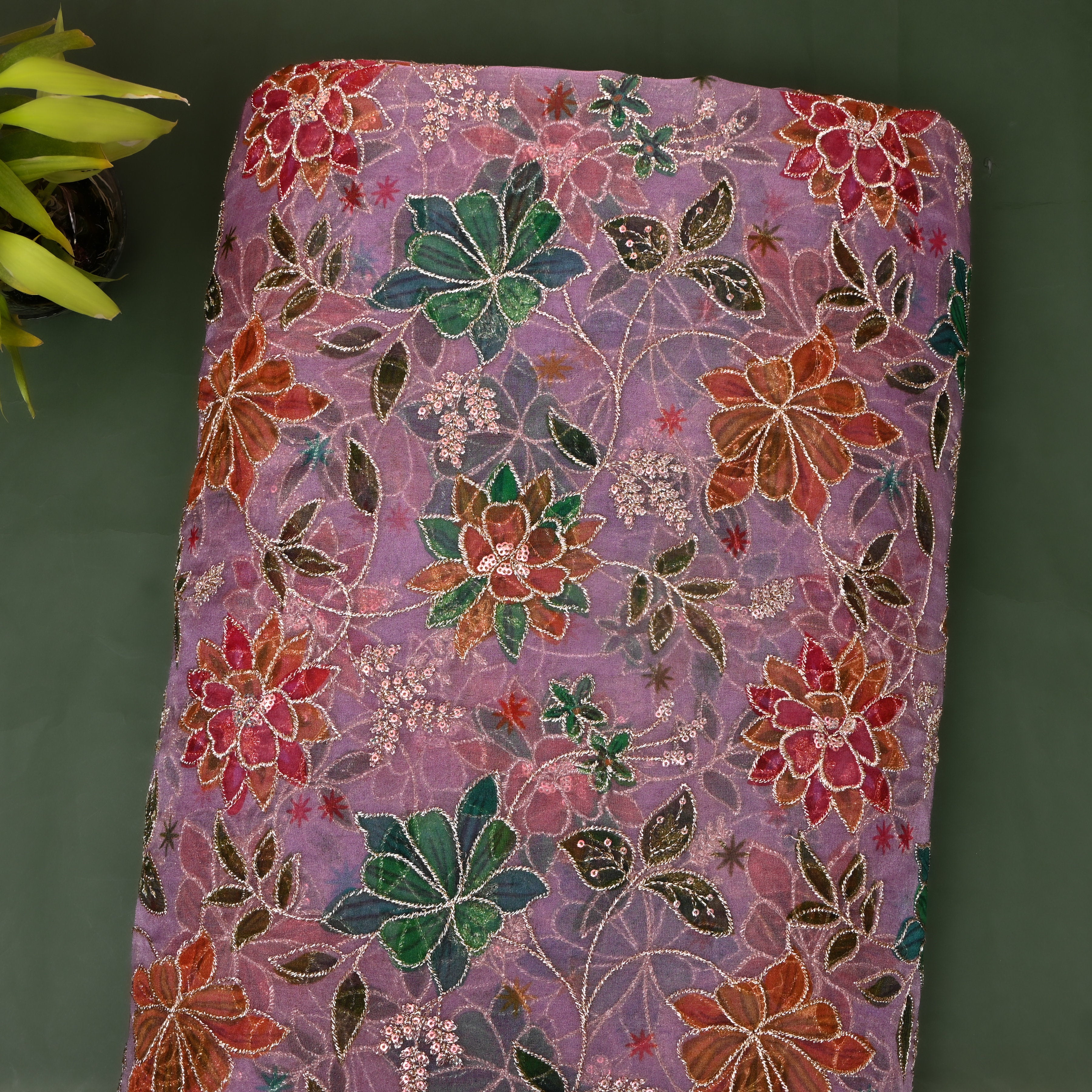 Mauve Purple Printed Floral Embroidery Organza Fabric