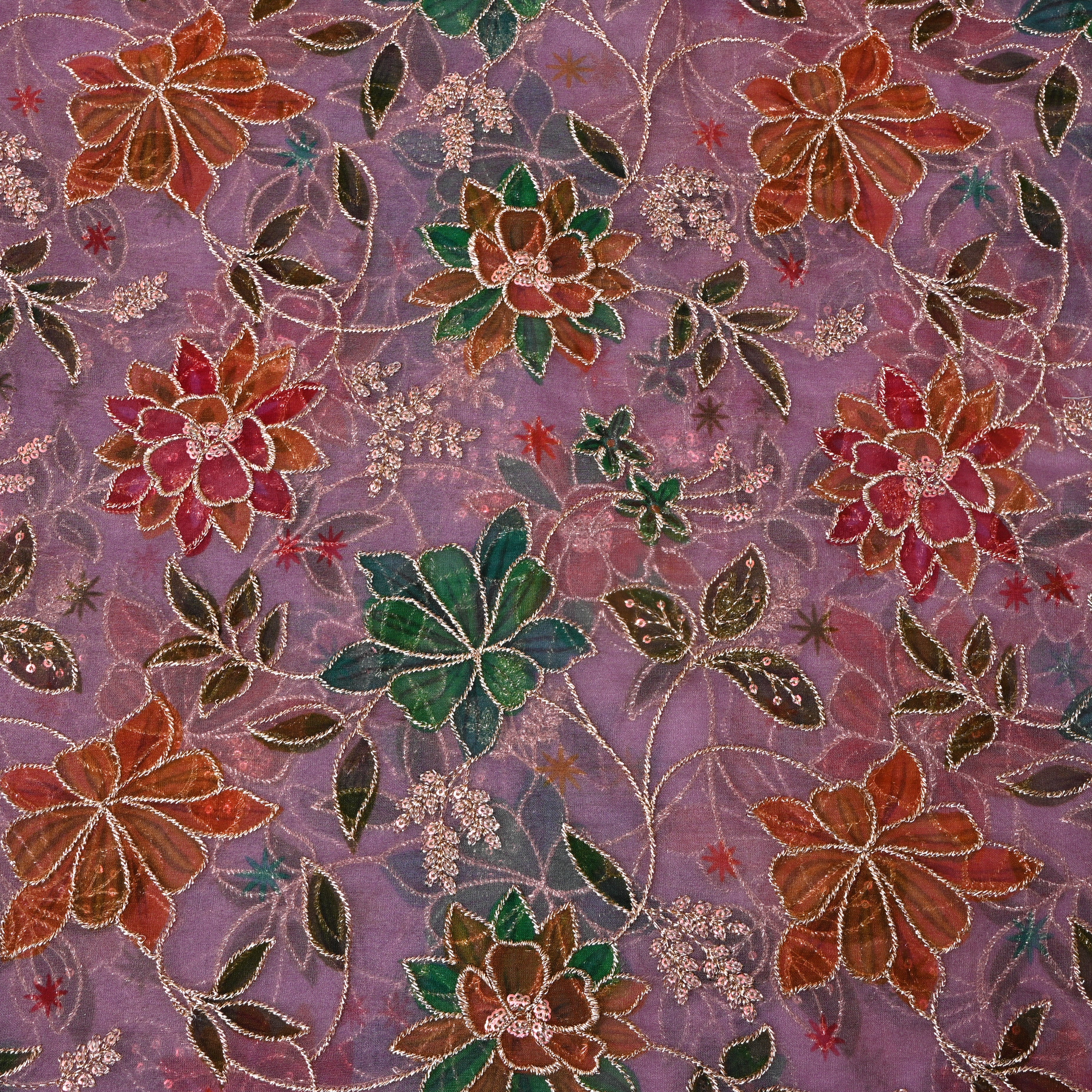 Mauve Purple Printed Floral Embroidery Organza Fabric