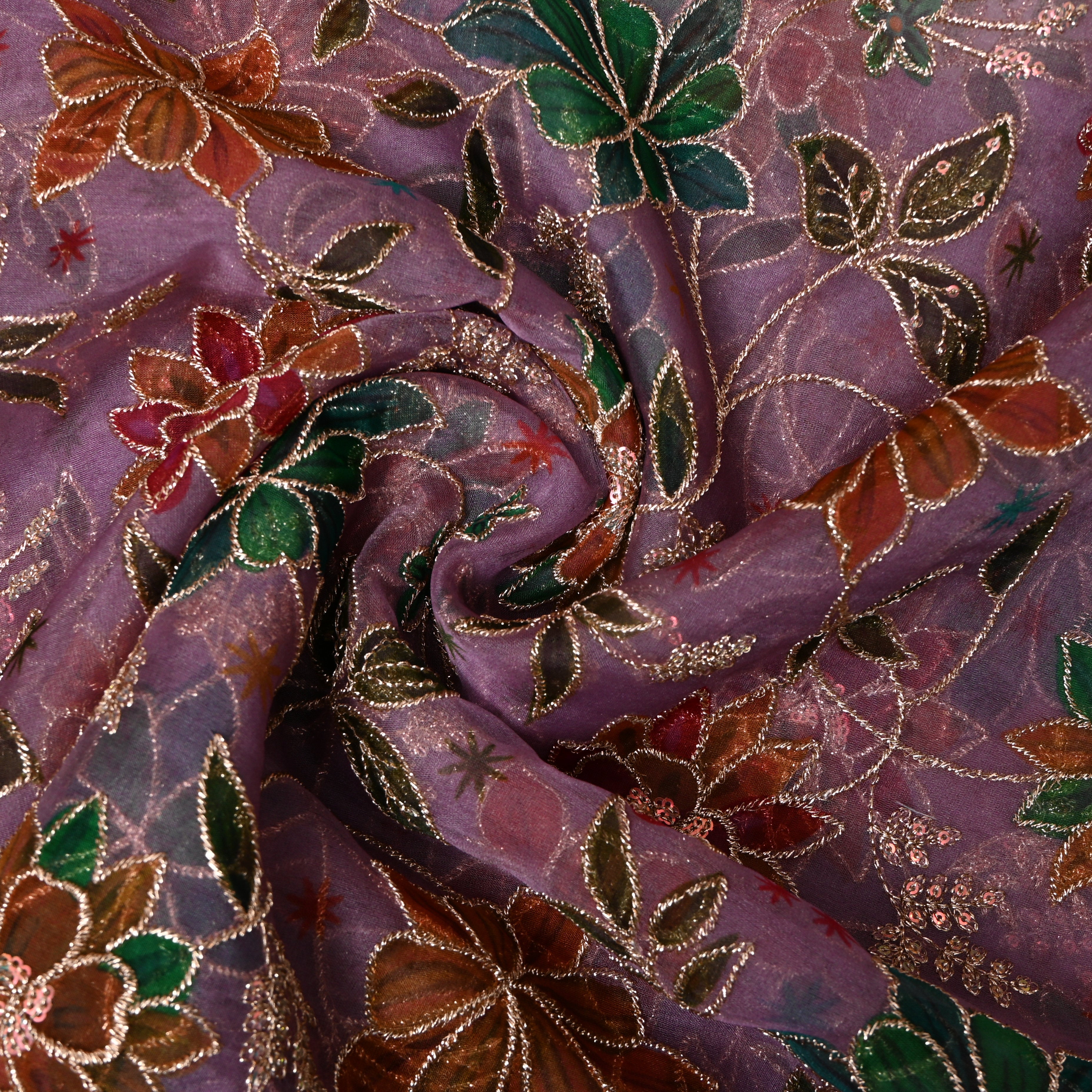 Mauve Purple Printed Floral Embroidery Organza Fabric