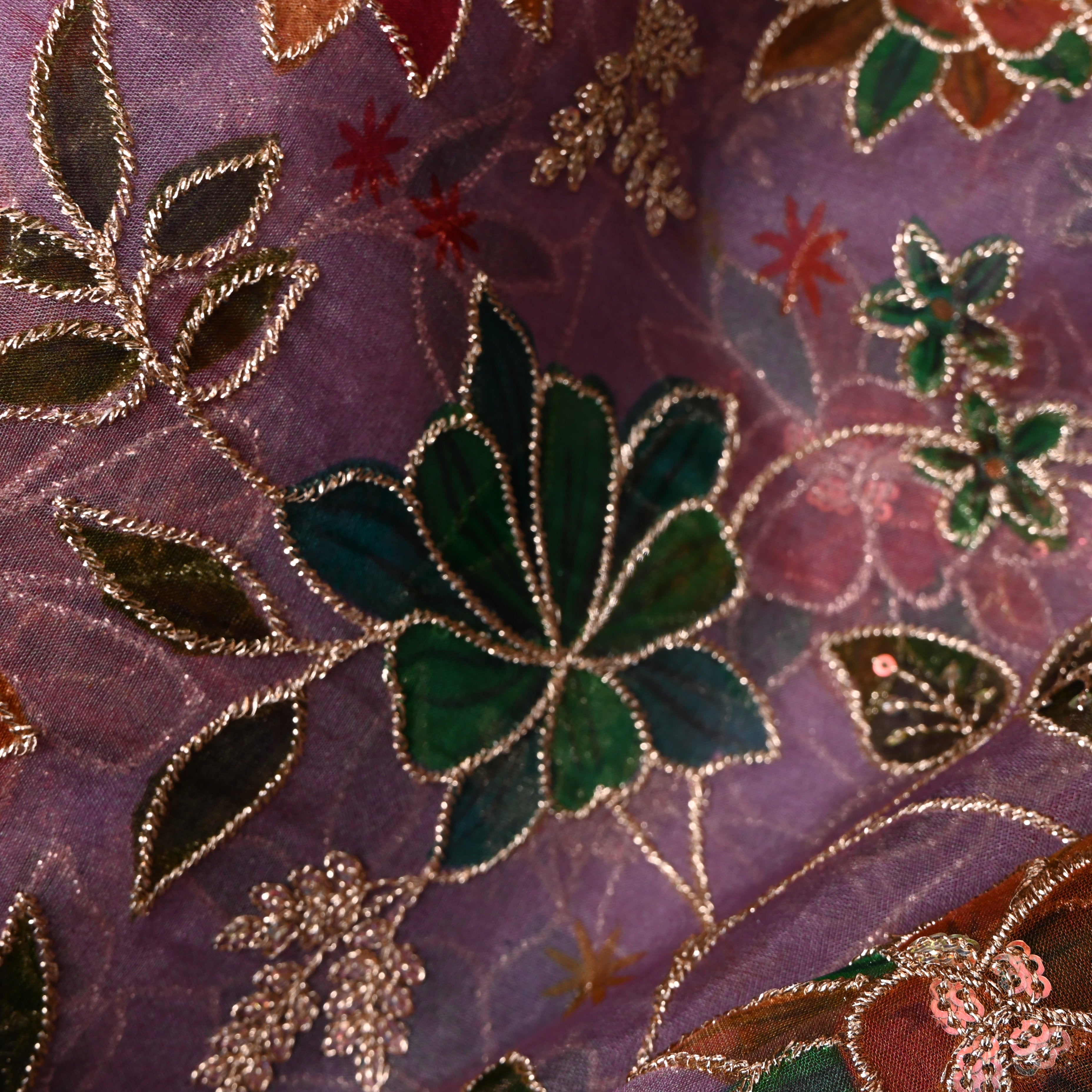Mauve Purple Printed Floral Embroidery Organza Fabric