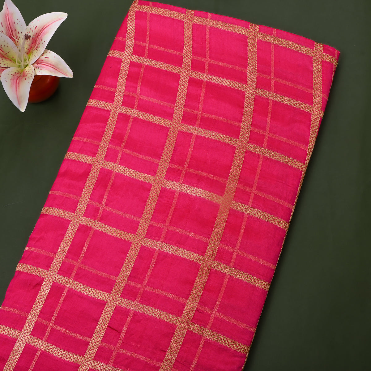 Fuchsia Pink Gold Zari Check Jamawar Silk Fabric