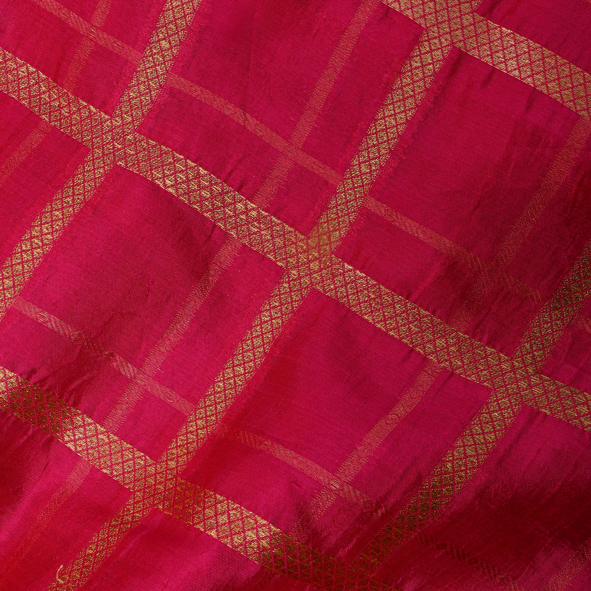 Fuchsia Pink Gold Zari Check Jamawar Silk Fabric