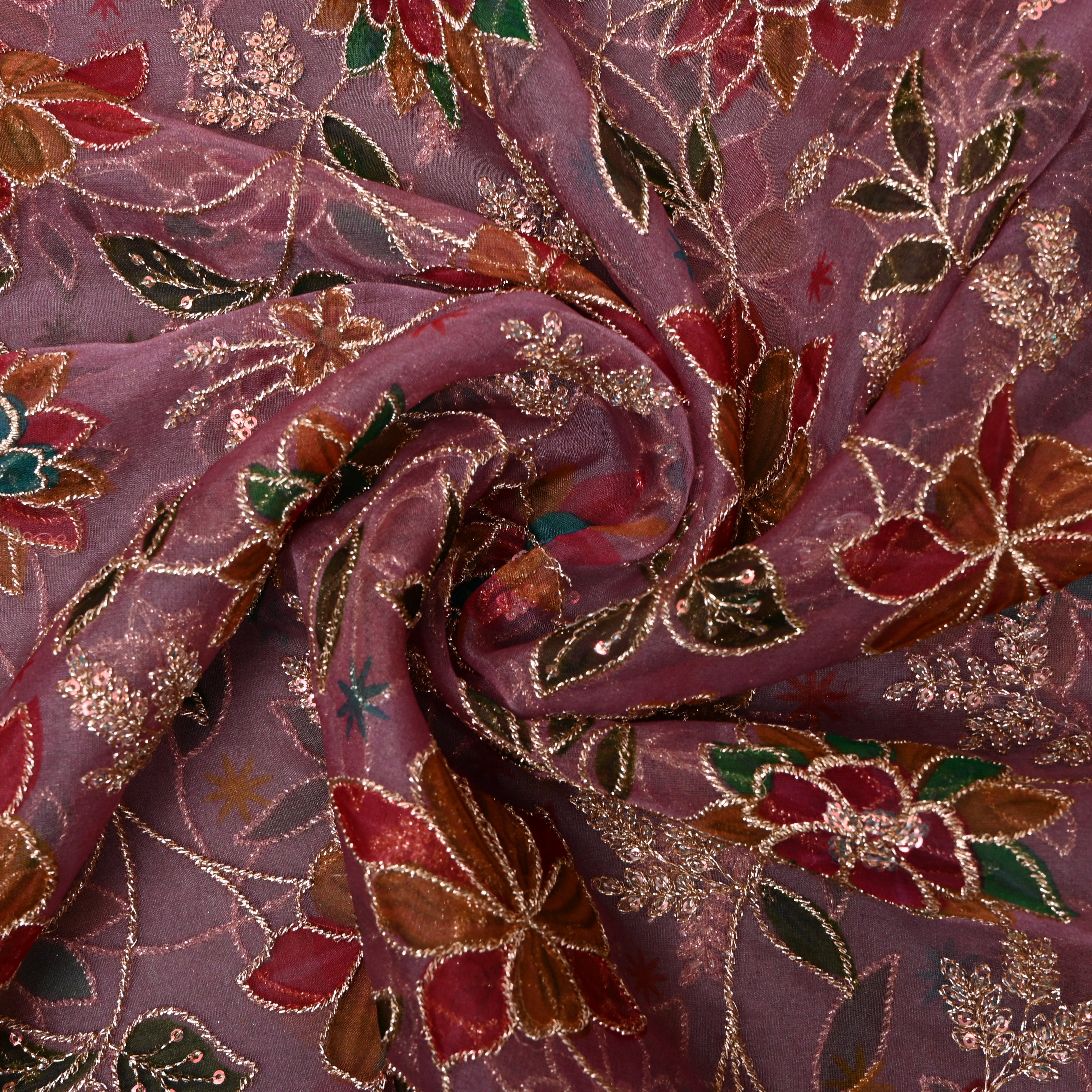 Mauve Pink Floral Appliqué Organza Fabric