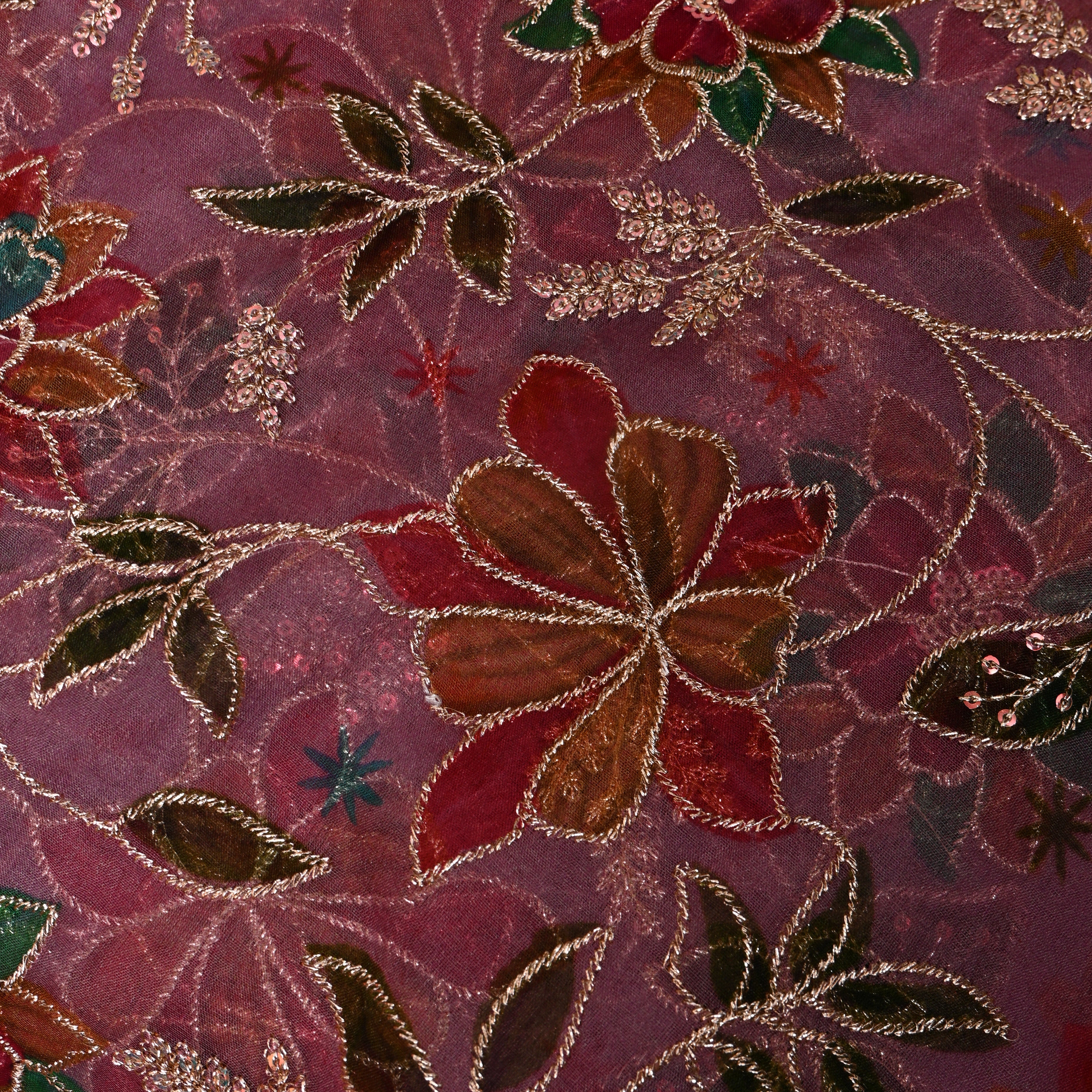 Mauve Pink Floral Appliqué Organza Fabric
