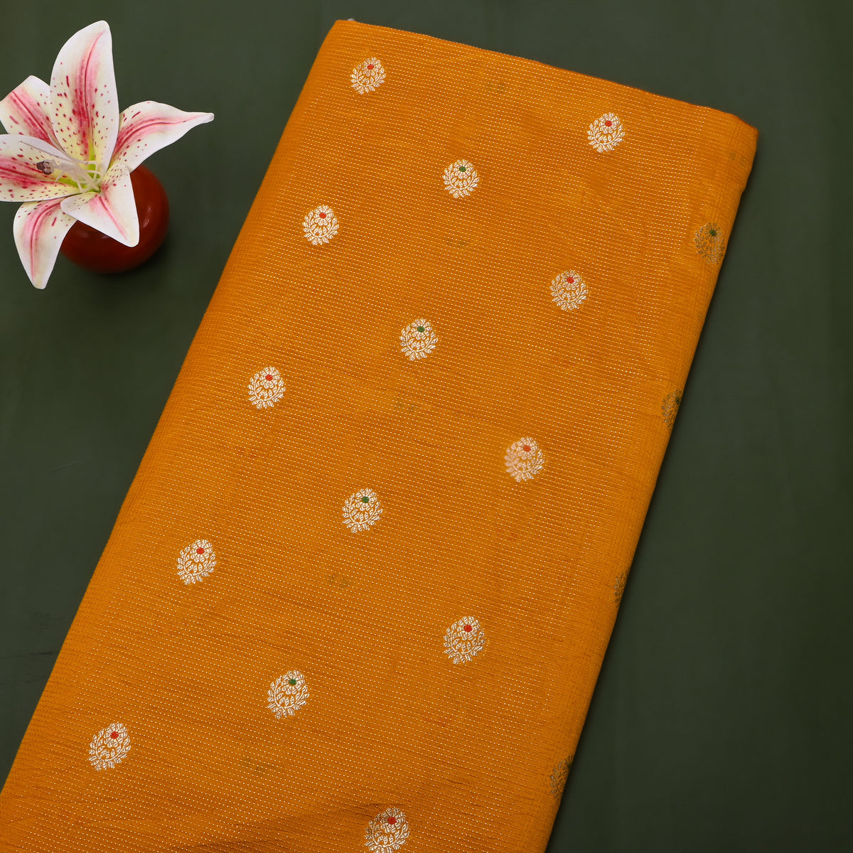 Amber Orange Gold Zari Spaced Butti Jamawar Silk Fabric