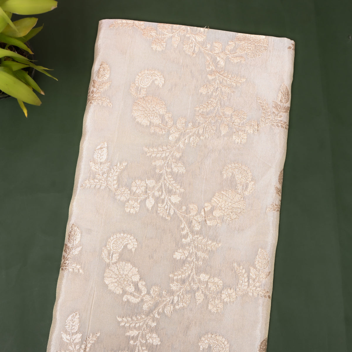 Golden Cream Paisley Tissue Fabric With Banarasi Weave