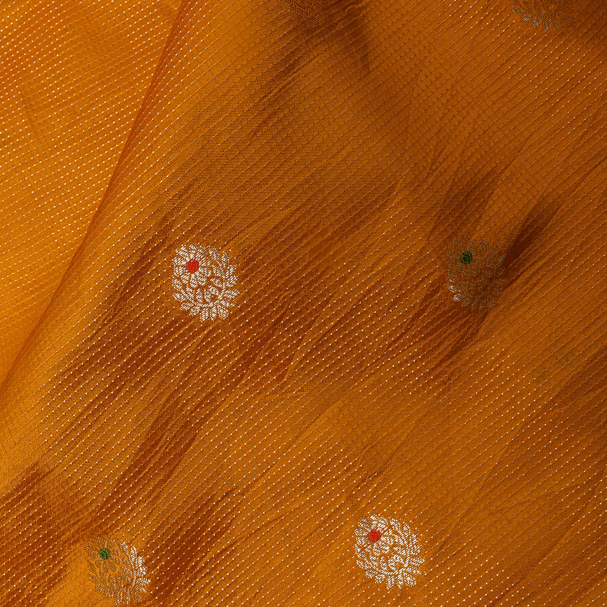 Amber Orange Gold Zari Spaced Butti Jamawar Silk Fabric