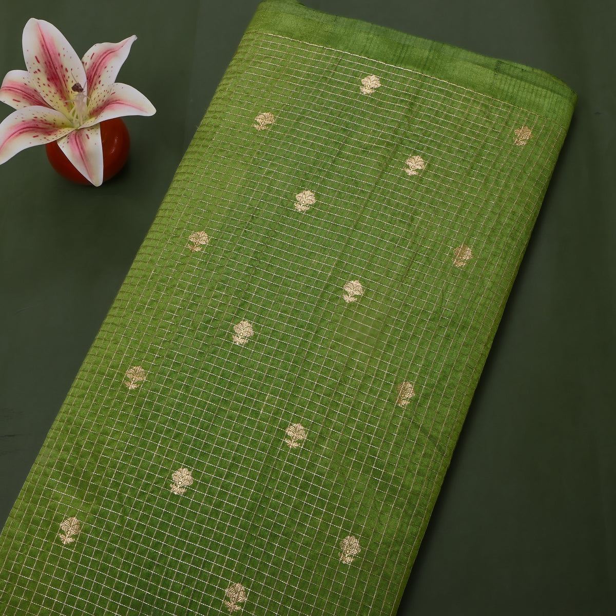 Leaf Green Gold Zari Check Butti Jamawar Silk Fabric