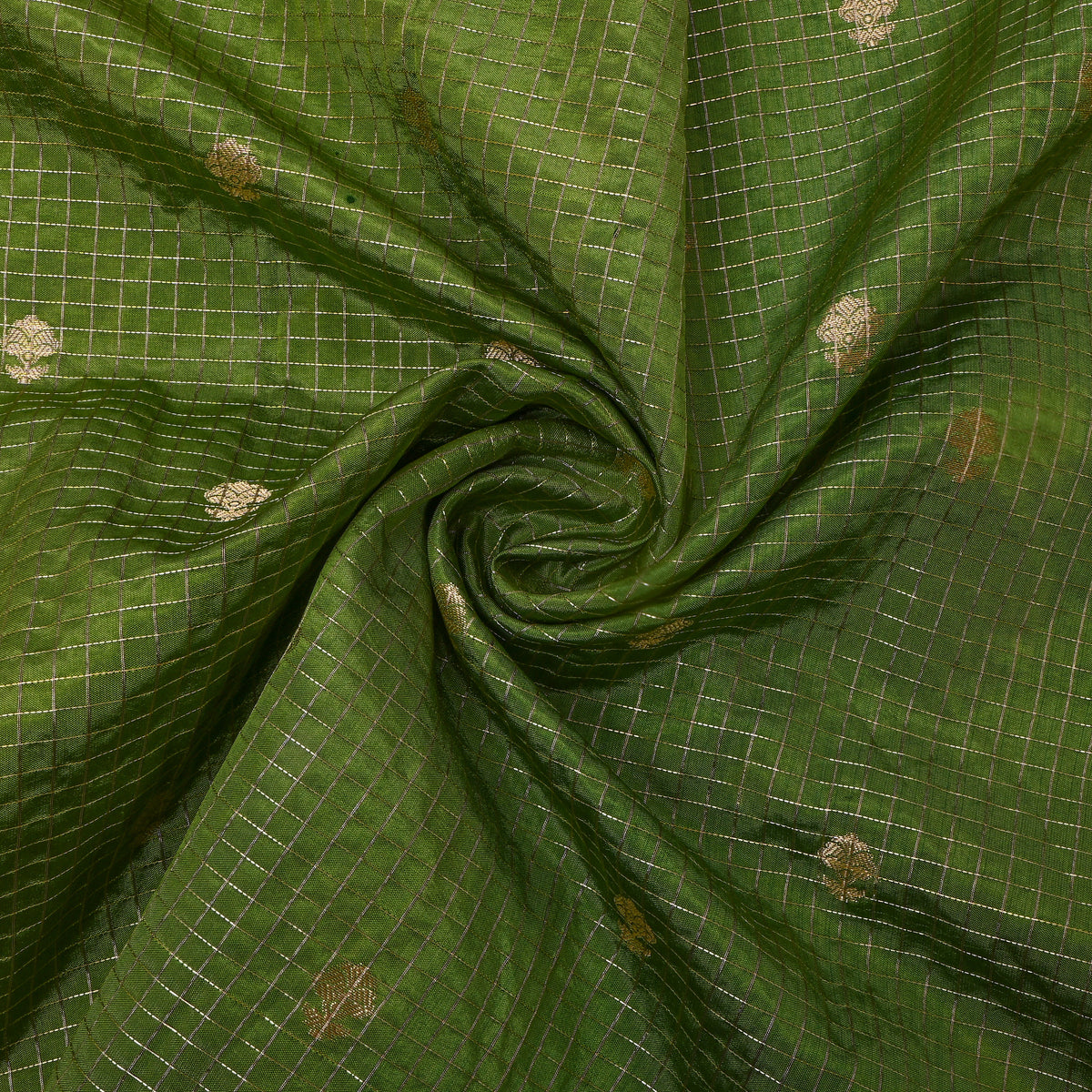 Leaf Green Gold Zari Check Butti Jamawar Silk Fabric