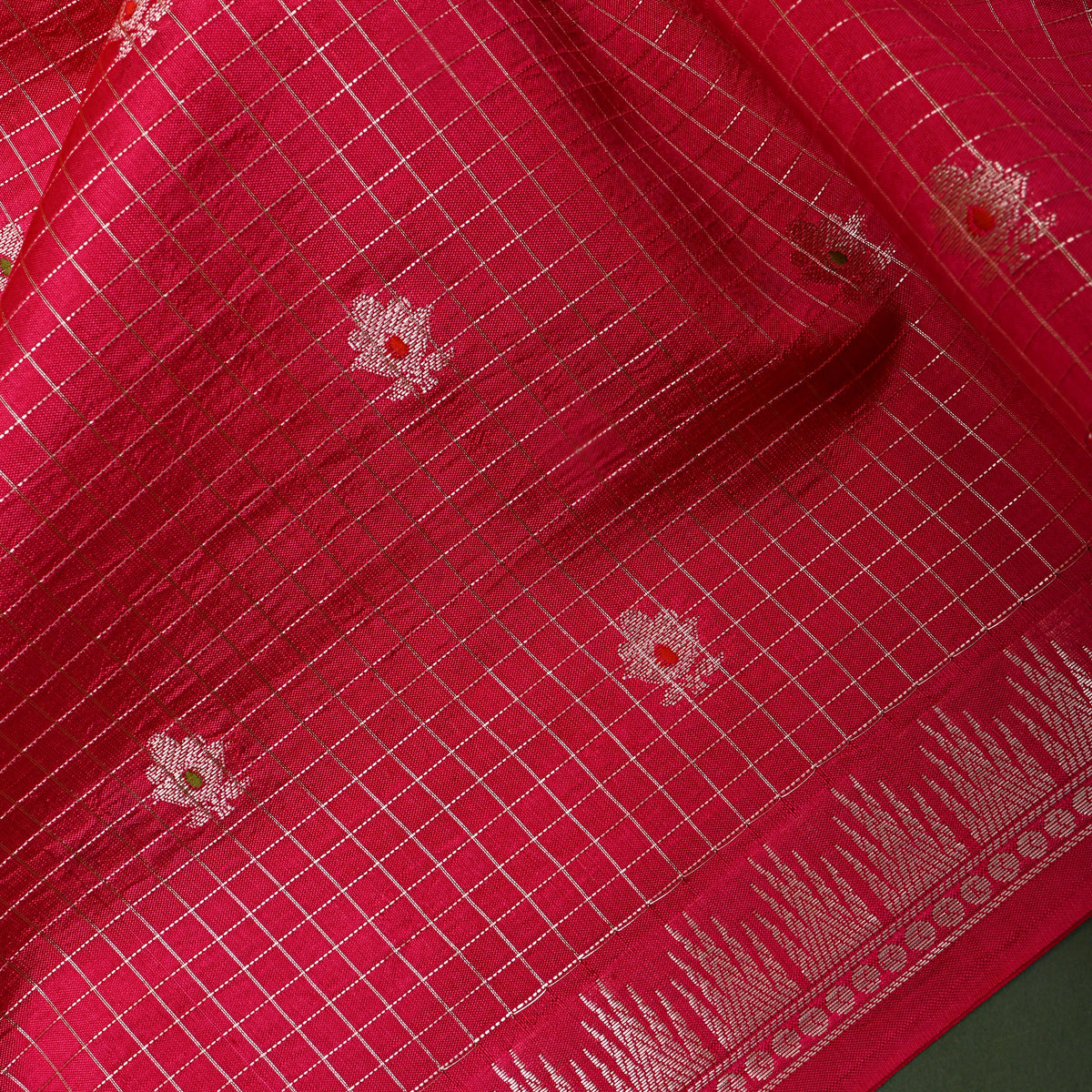 Rose Pink Silver Zari Checks Temple Border Jamawar Silk Fabric