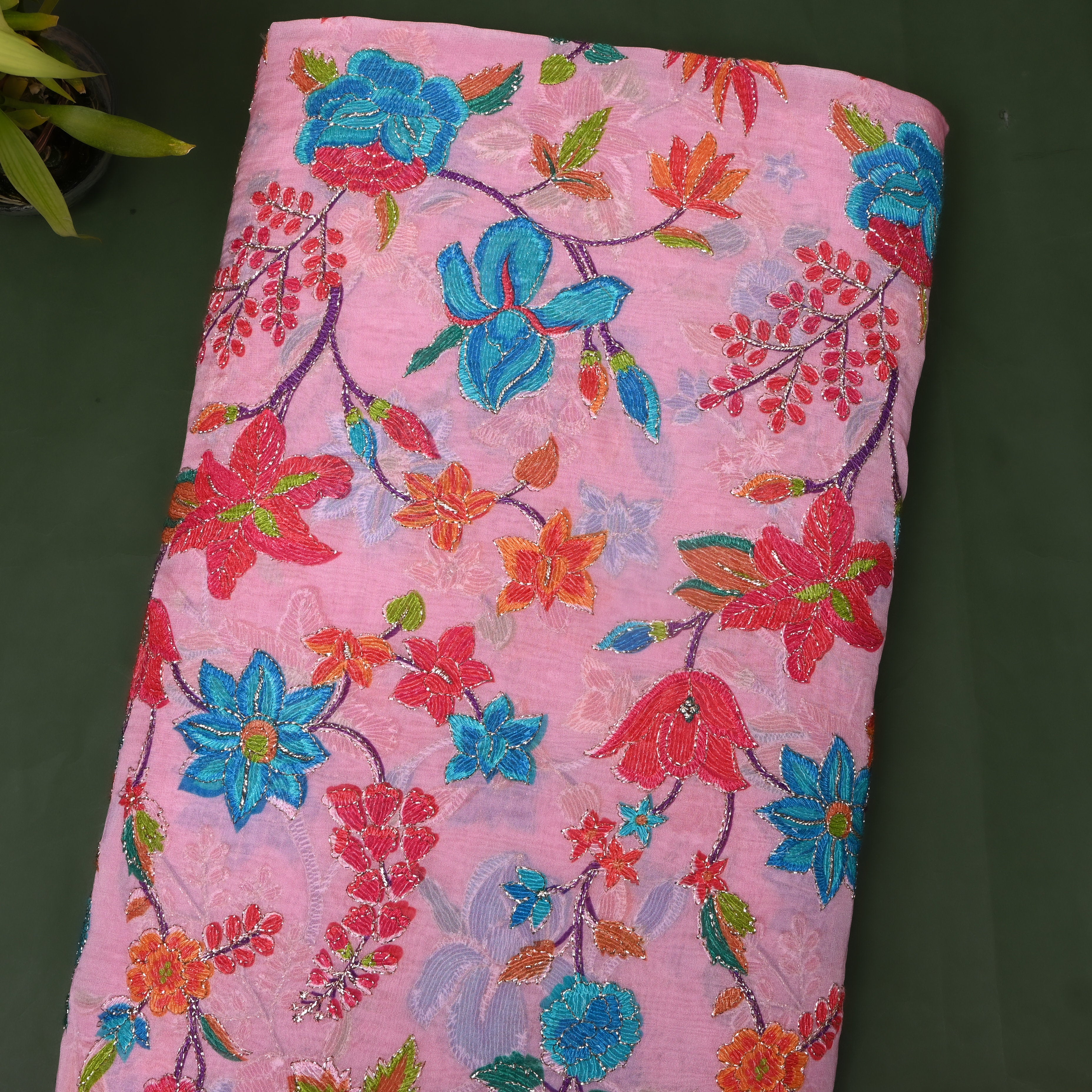 Mauve Pink Multicolour Floral Sequin Thread Work Organza Fabric