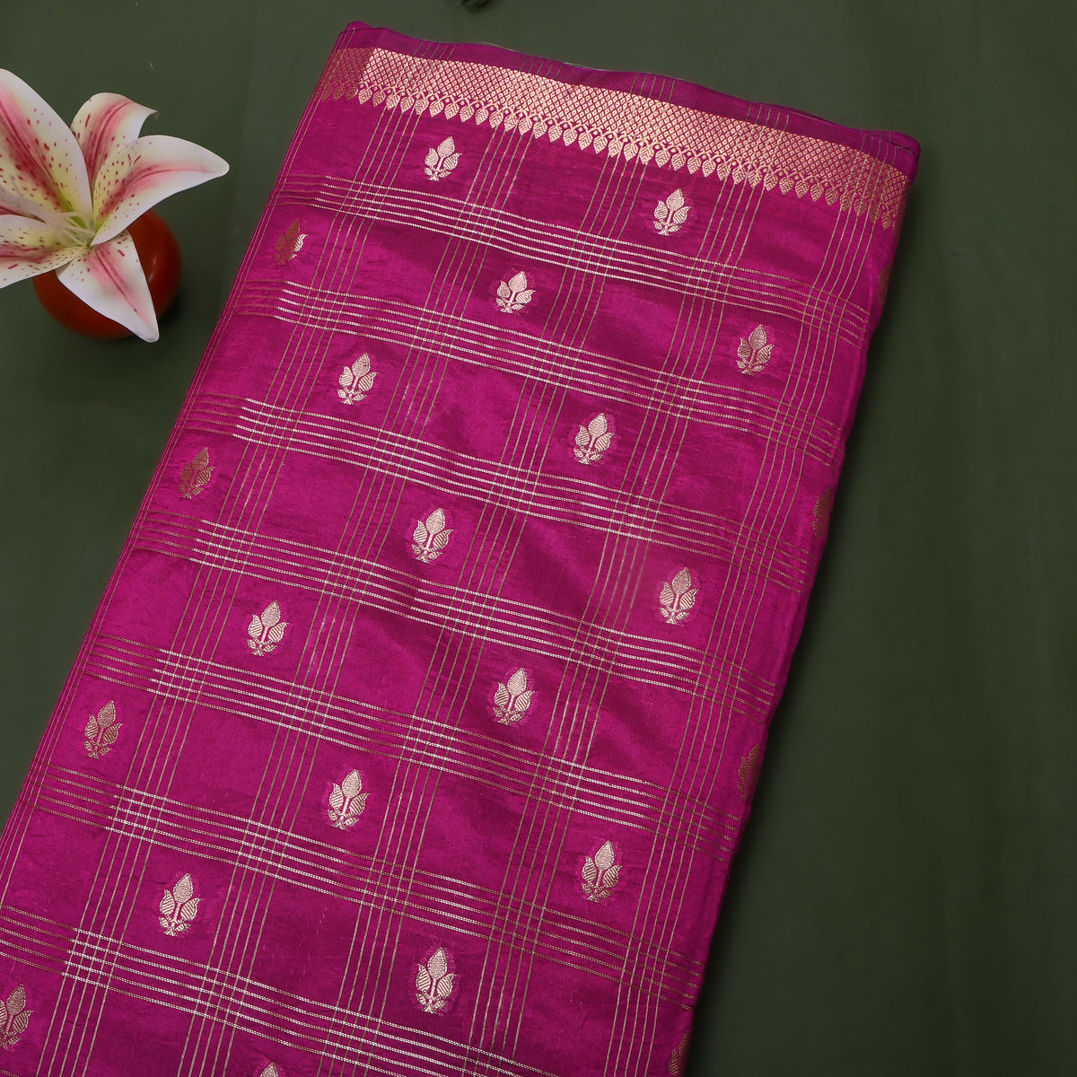 Berry Purple Gold Zari Leaf Butti Checks Jamawar Silk Fabric