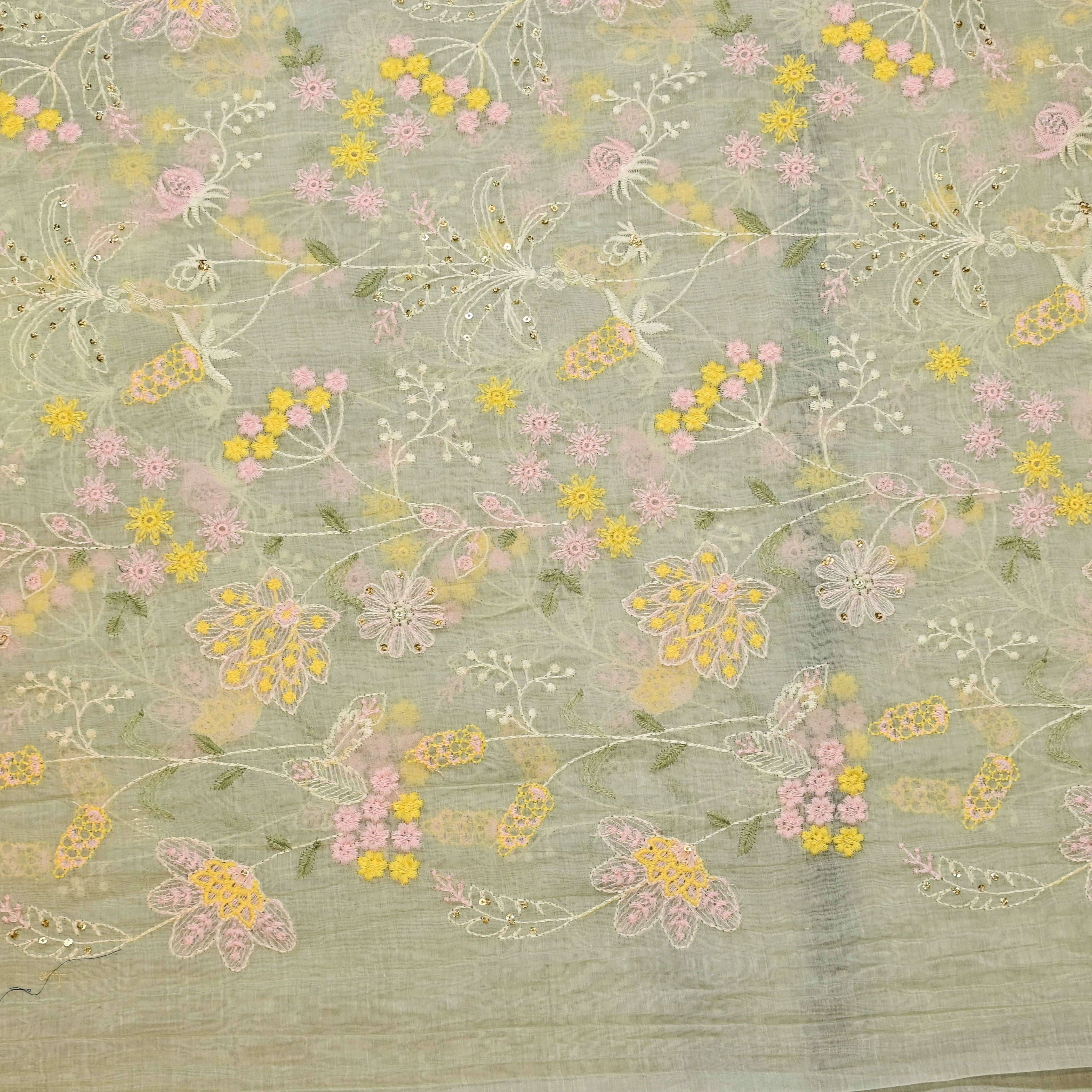 Pista Green Mul Chanderi Fabric With Embroidery