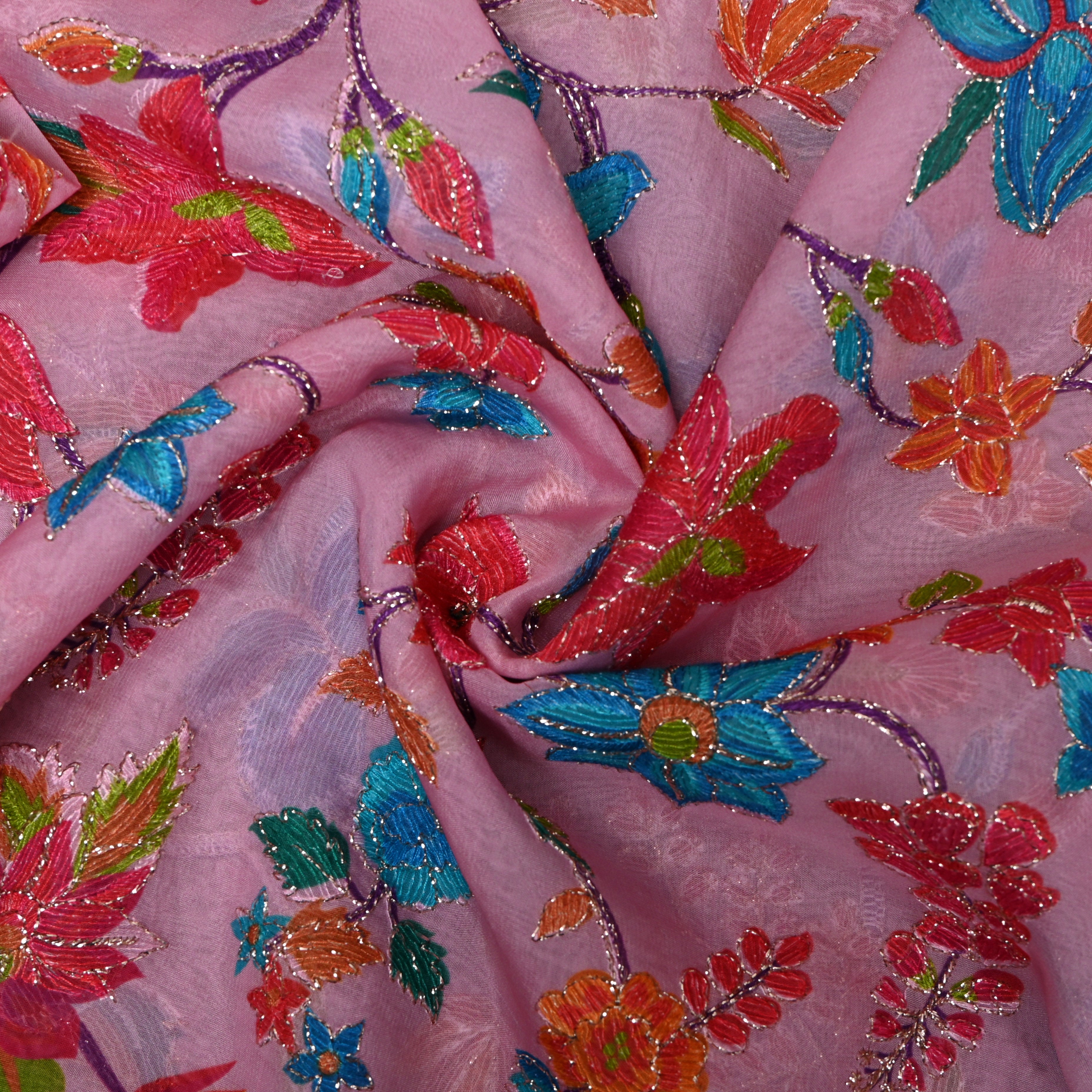 Mauve Pink Multicolour Floral Sequin Thread Work Organza Fabric