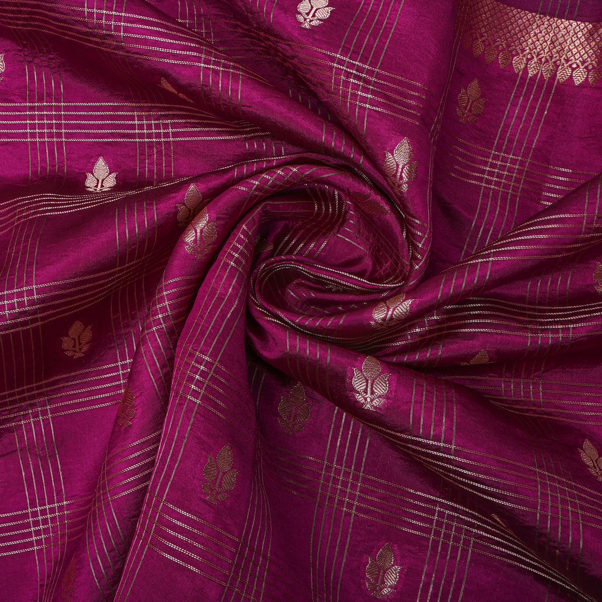 Berry Purple Gold Zari Leaf Butti Checks Jamawar Silk Fabric