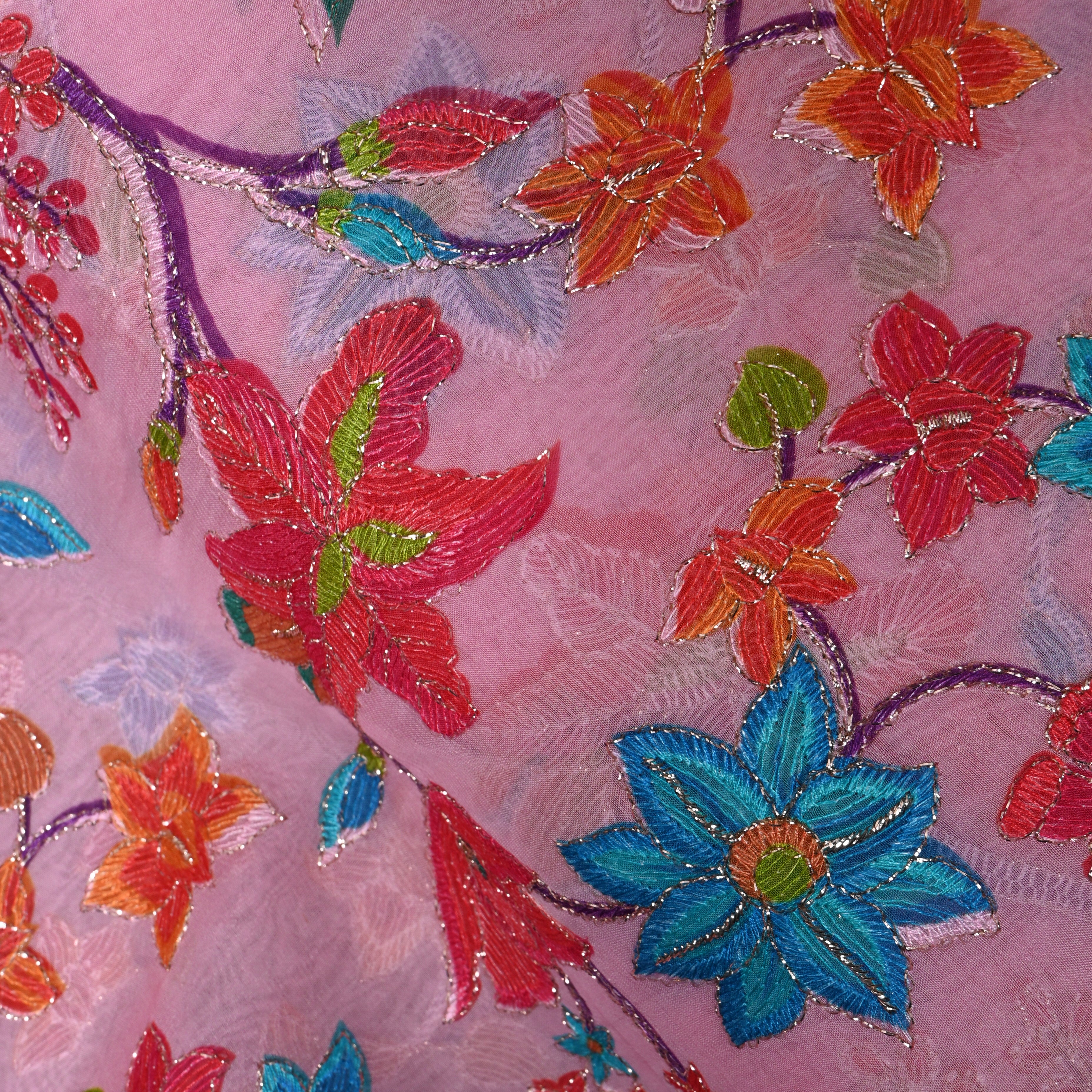 Mauve Pink Multicolour Floral Sequin Thread Work Organza Fabric