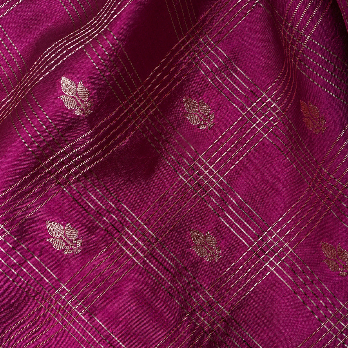 Berry Purple Gold Zari Leaf Butti Checks Jamawar Silk Fabric