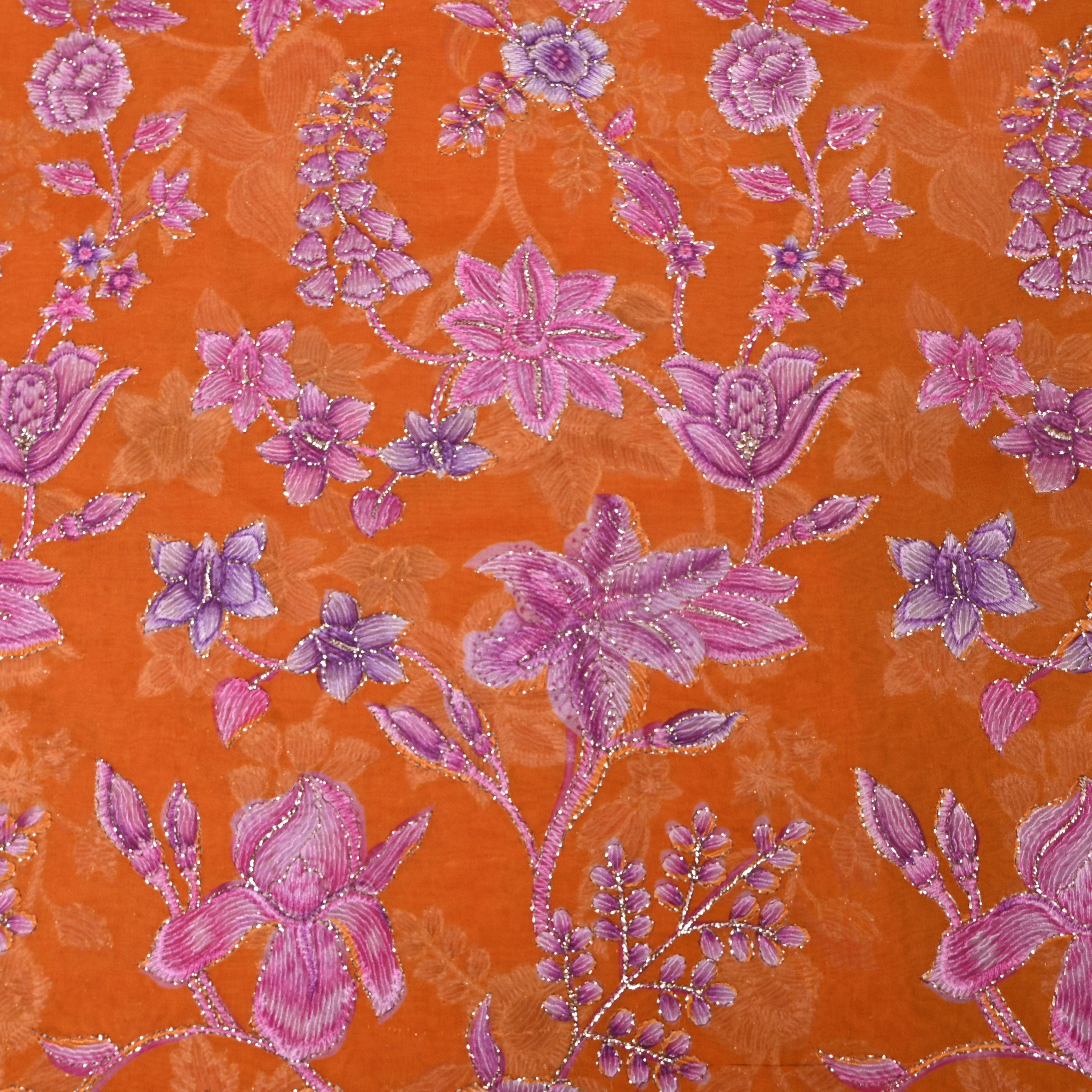 Burnt Orange Purple Floral Sequin Thread Work Organza Fabric