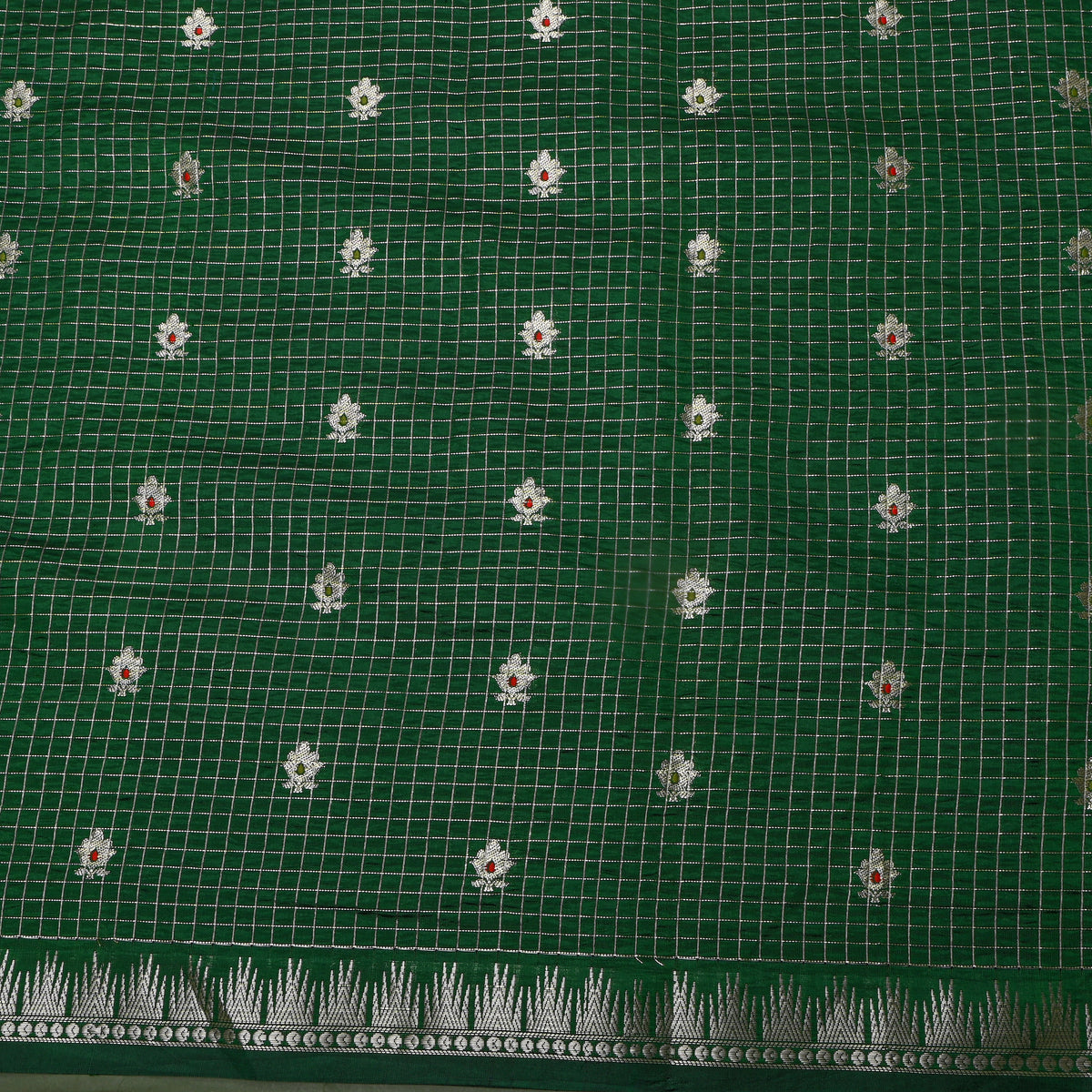 Pine Green Silver Zari Butti Checks Jamawar Silk Fabric