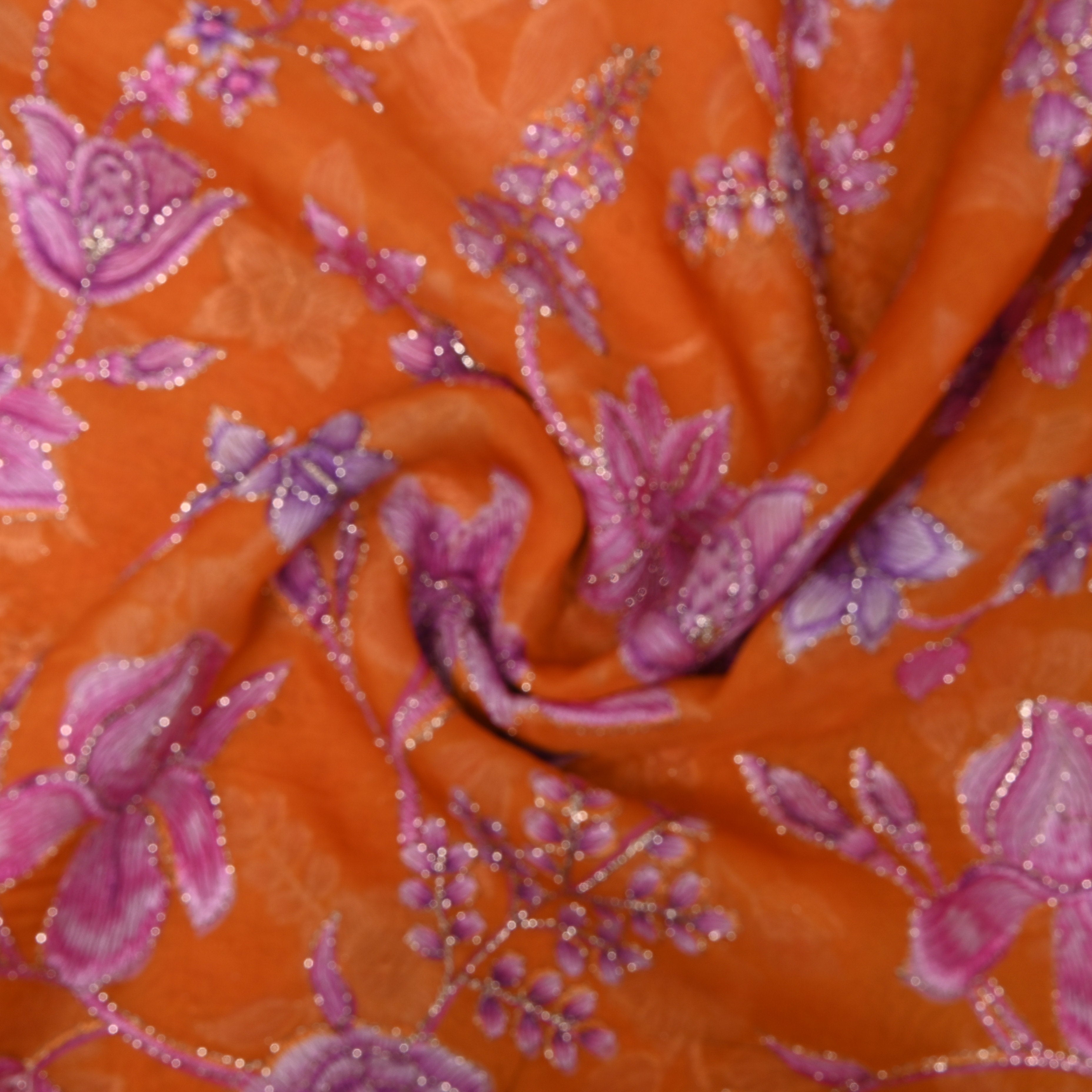 Burnt Orange Purple Floral Sequin Thread Work Organza Fabric