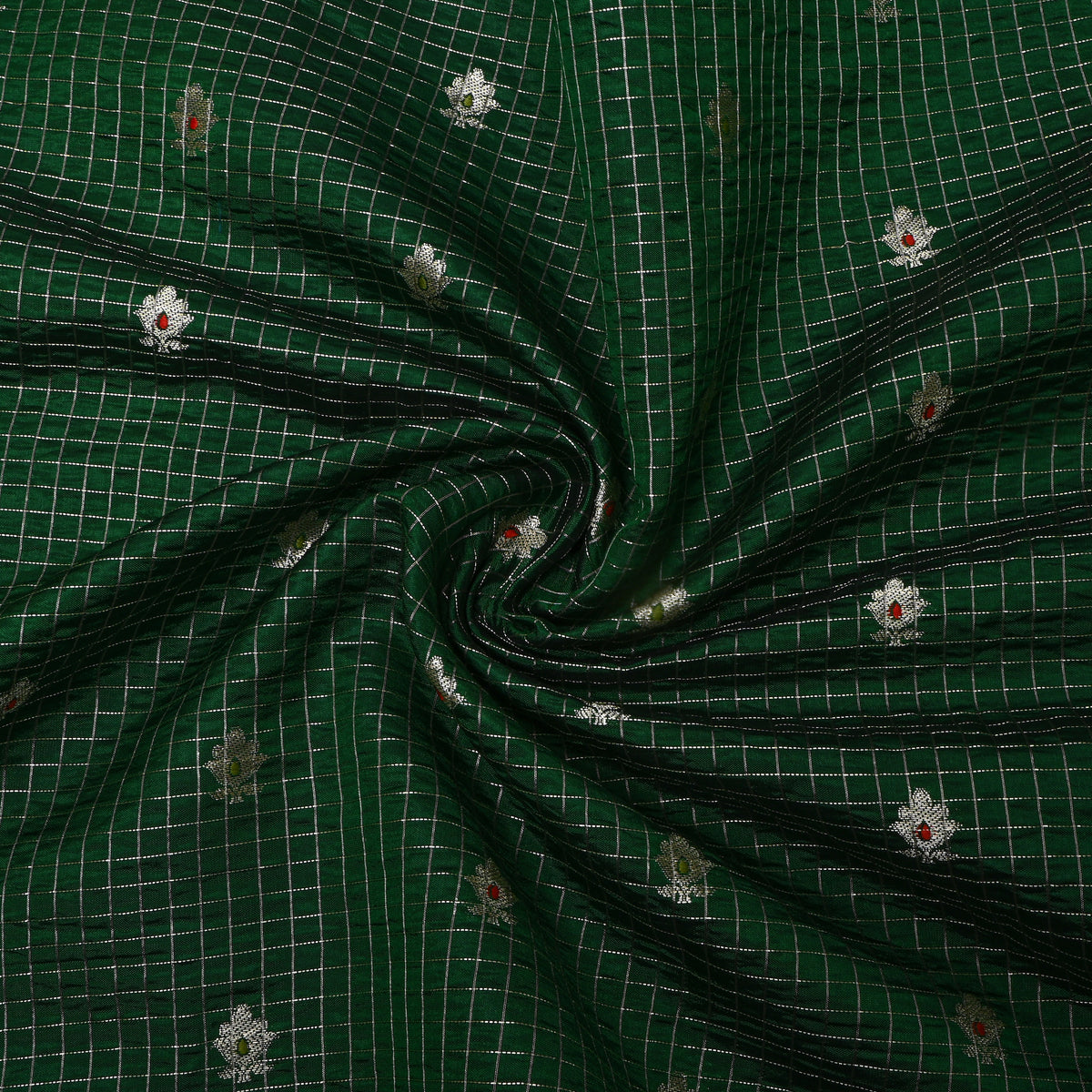 Pine Green Silver Zari Butti Checks Jamawar Silk Fabric