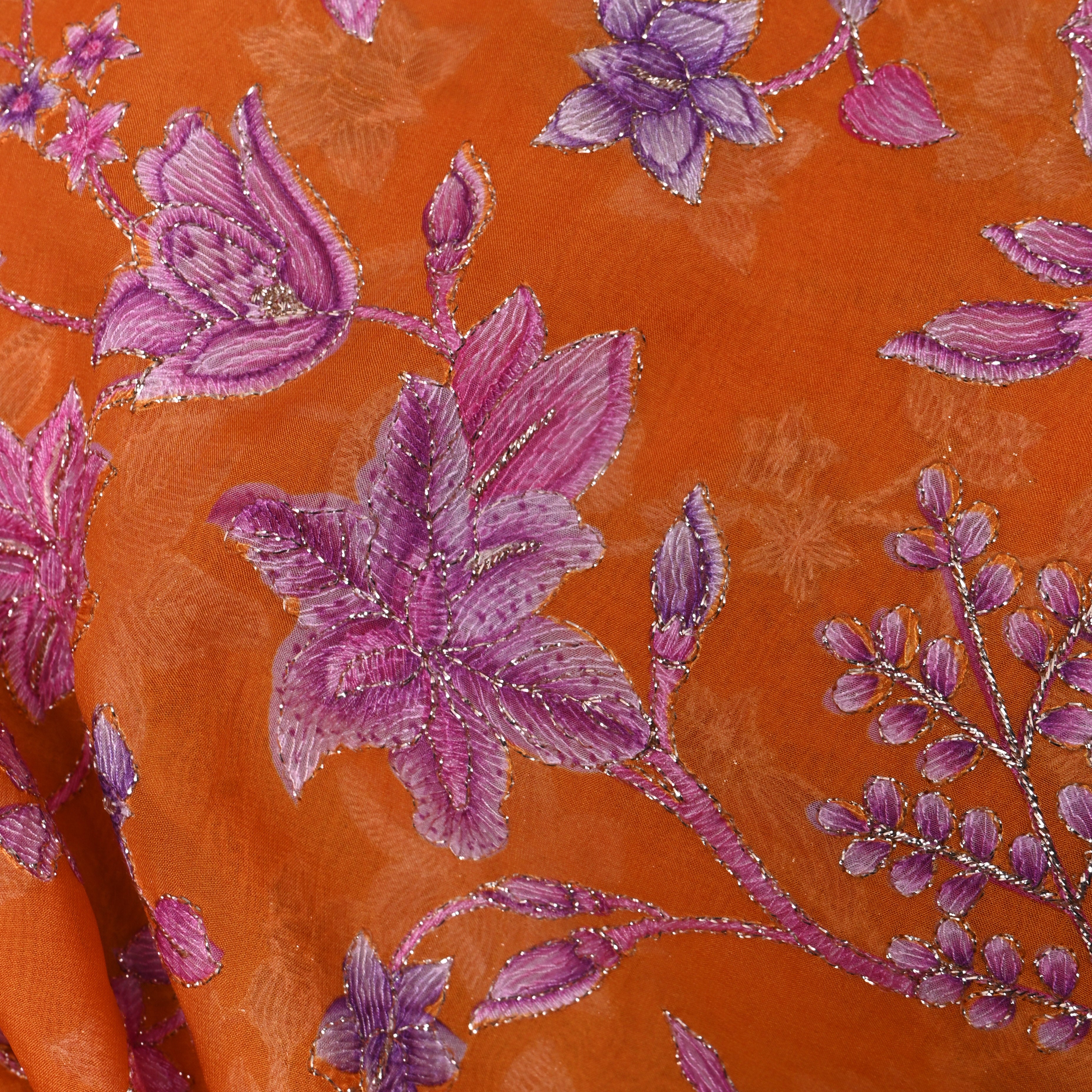 Burnt Orange Purple Floral Sequin Thread Work Organza Fabric