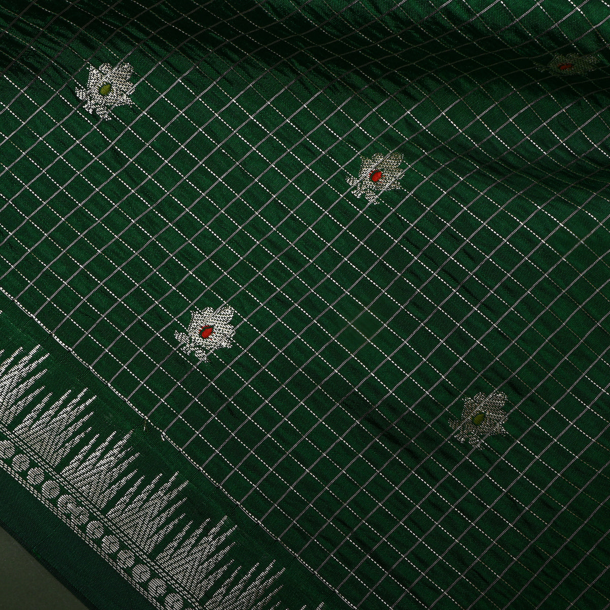 Pine Green Silver Zari Butti Checks Jamawar Silk Fabric