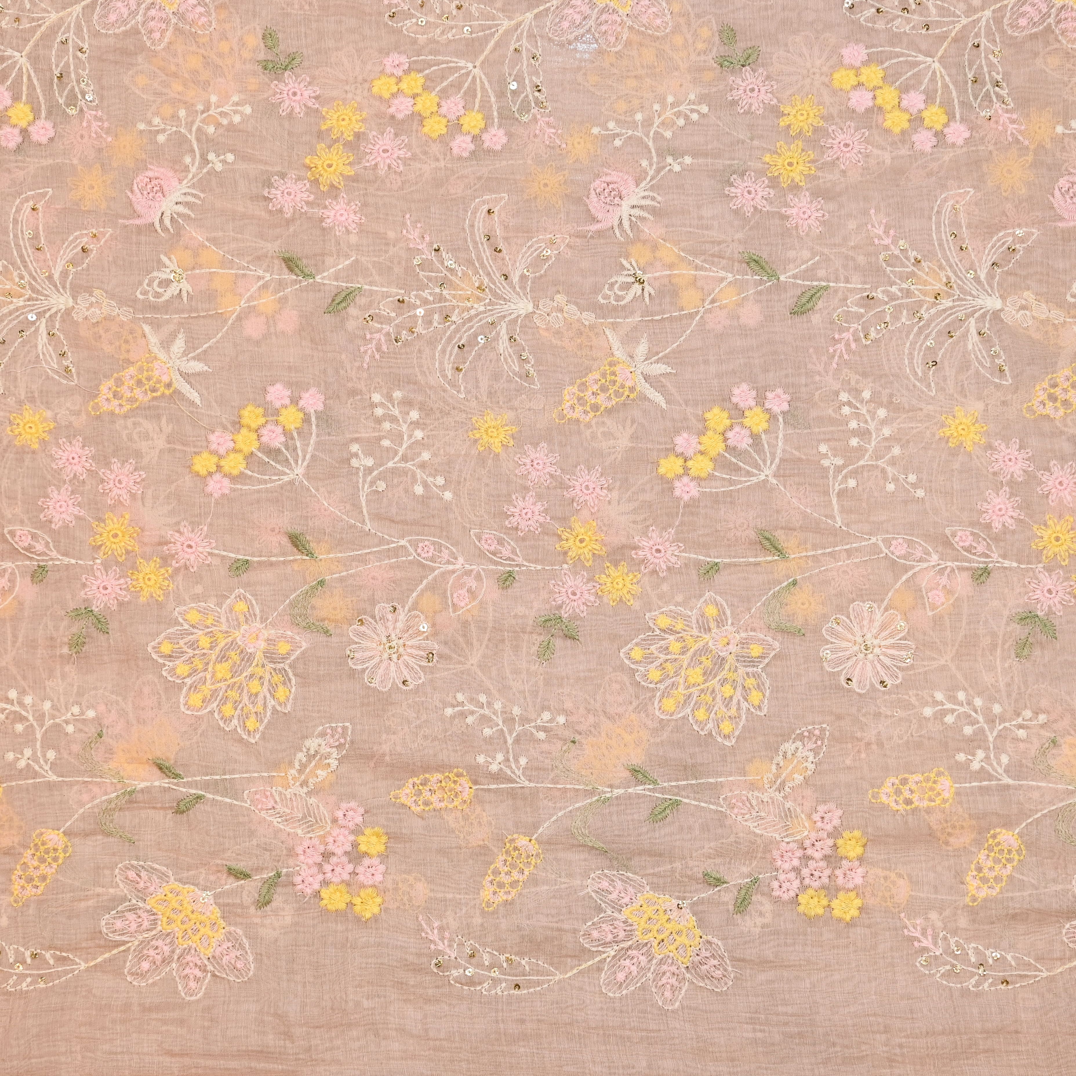 Soft Peach Mul Chanderi Fabric With Embroidery