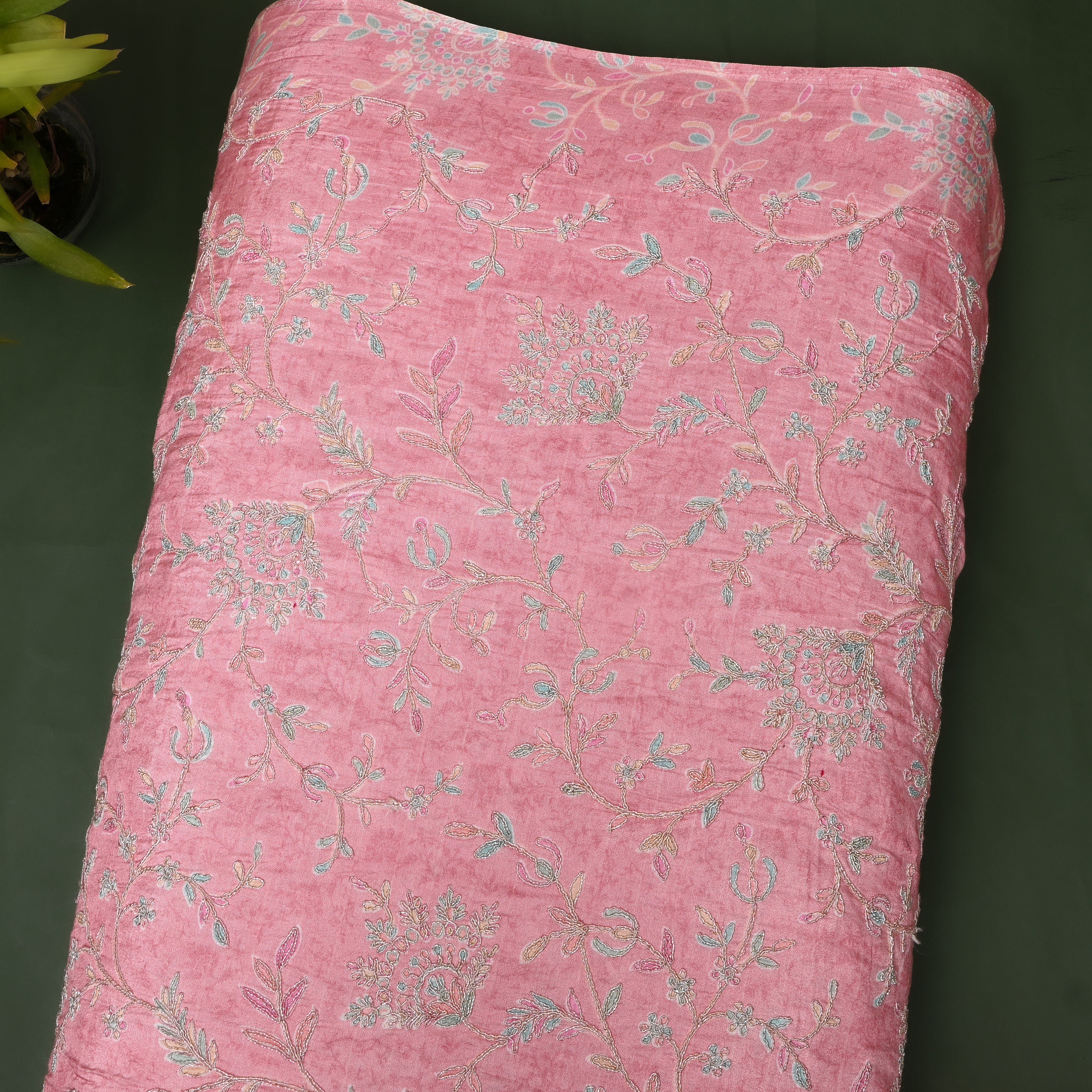 Dusty Pink Floral Vine Thread Work Silk Fabric
