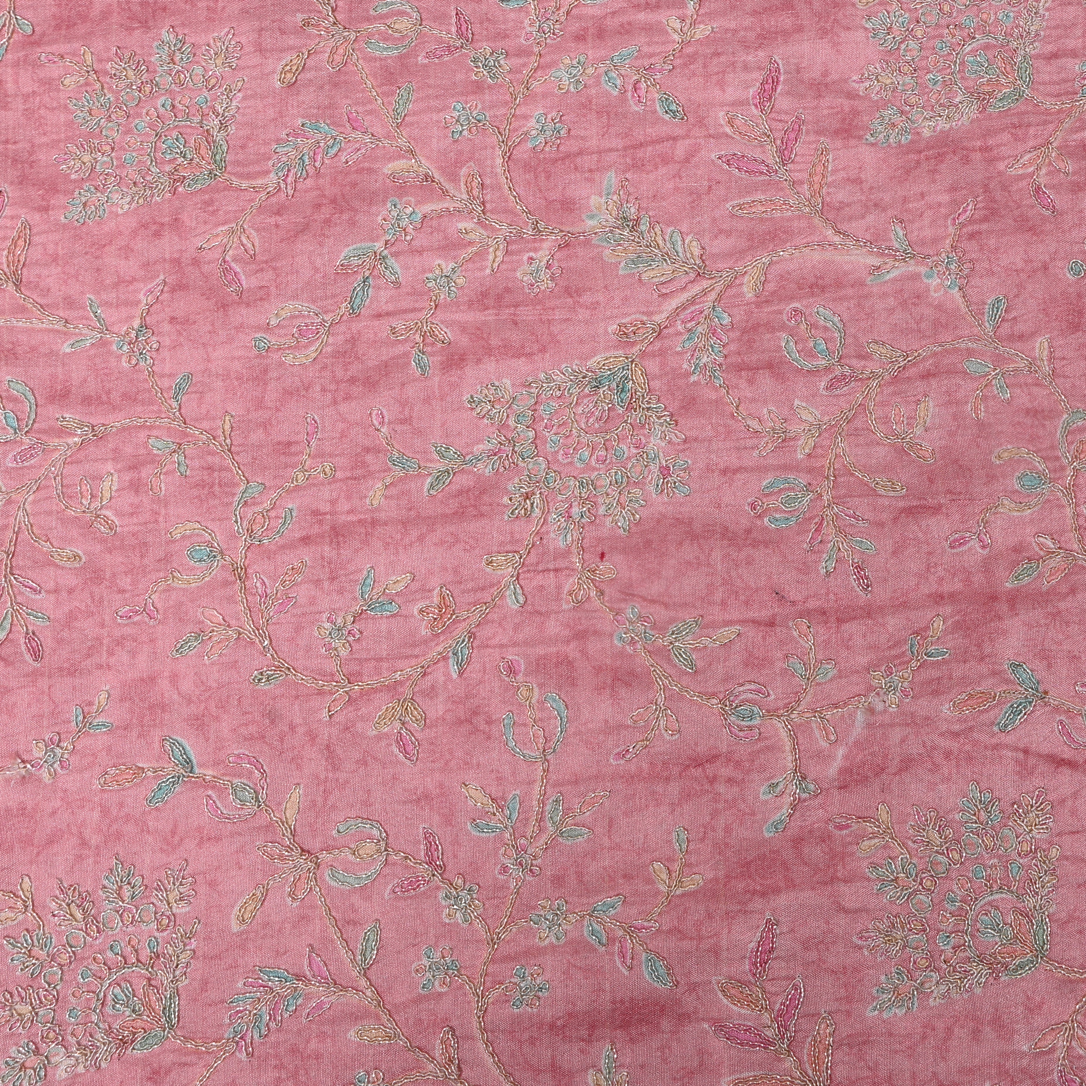 Dusty Pink Floral Vine Thread Work Silk Fabric
