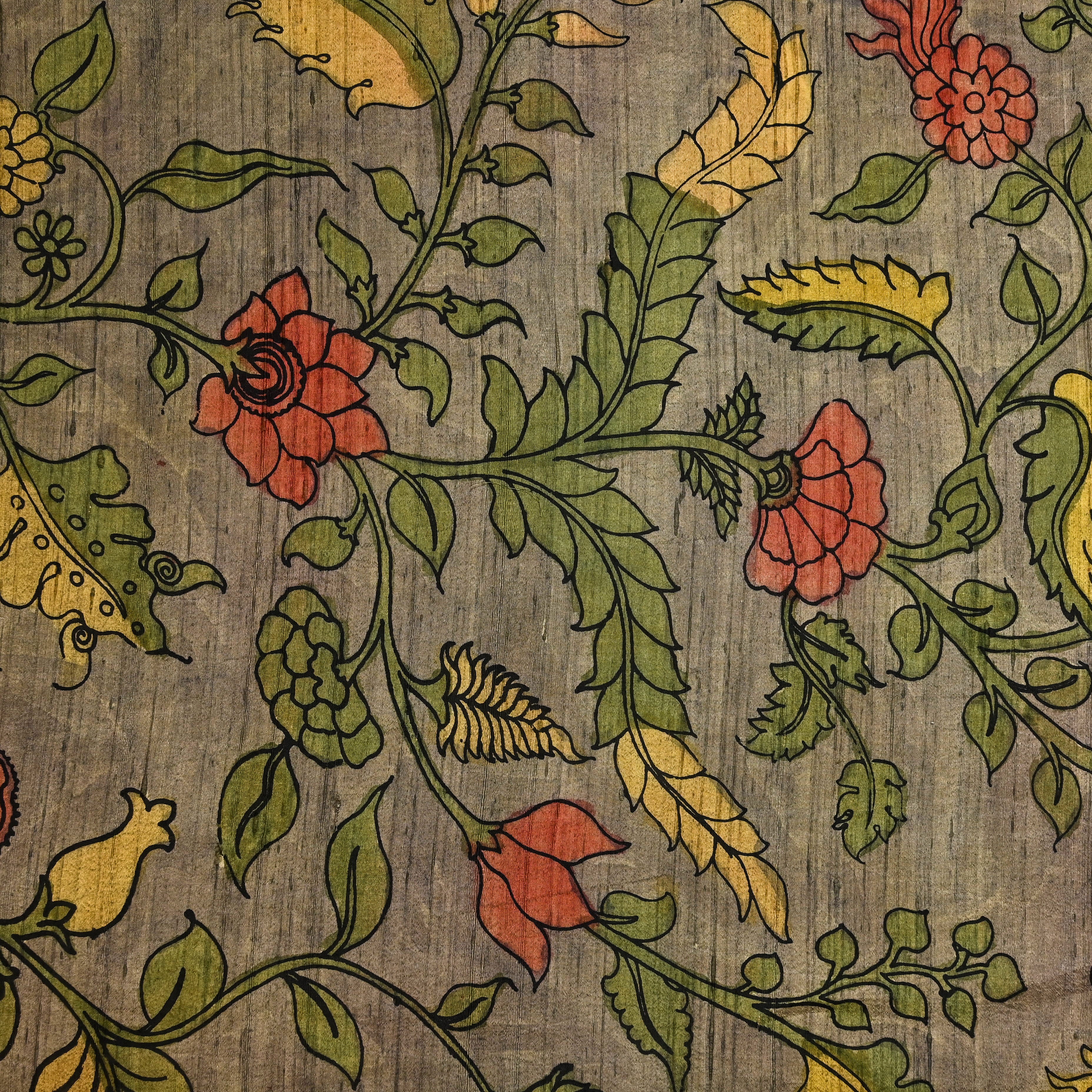 Light Brown Dupion Fabric With Kalamkari Print