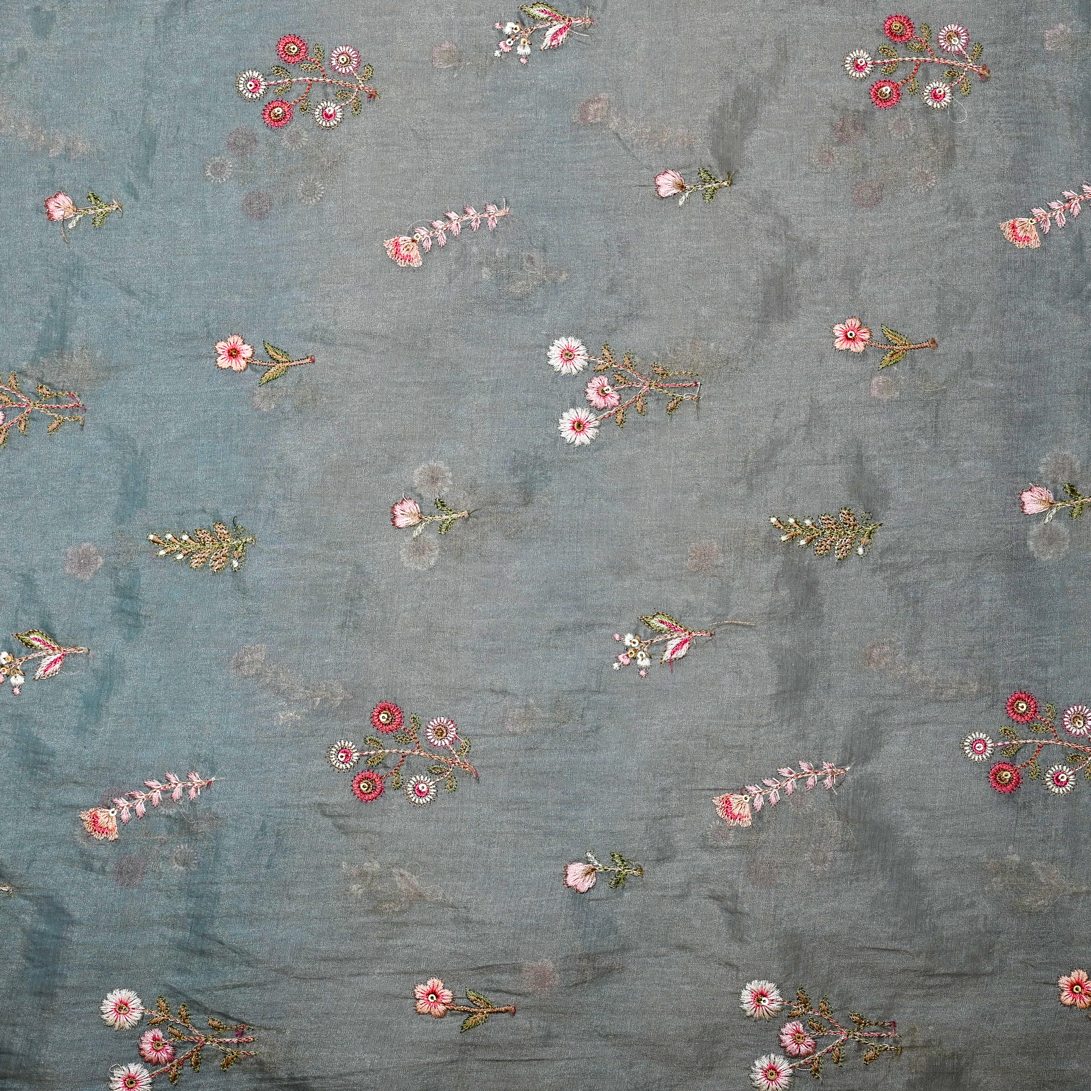 Light Steel Blue Mul Chanderi Fabric With Embroidery
