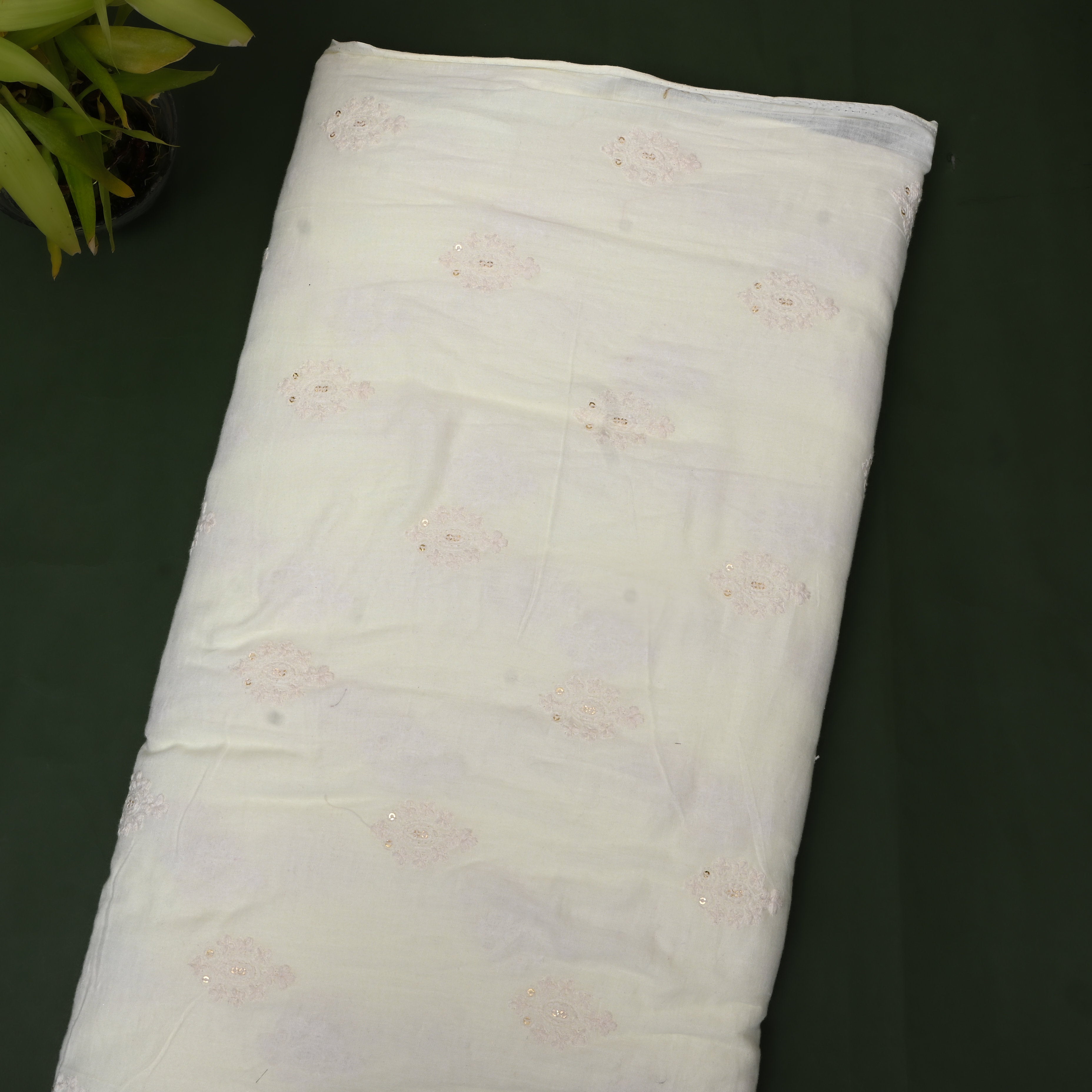 Ivory Self-Tone Floral Sequin Embroidery Cotton Fabric