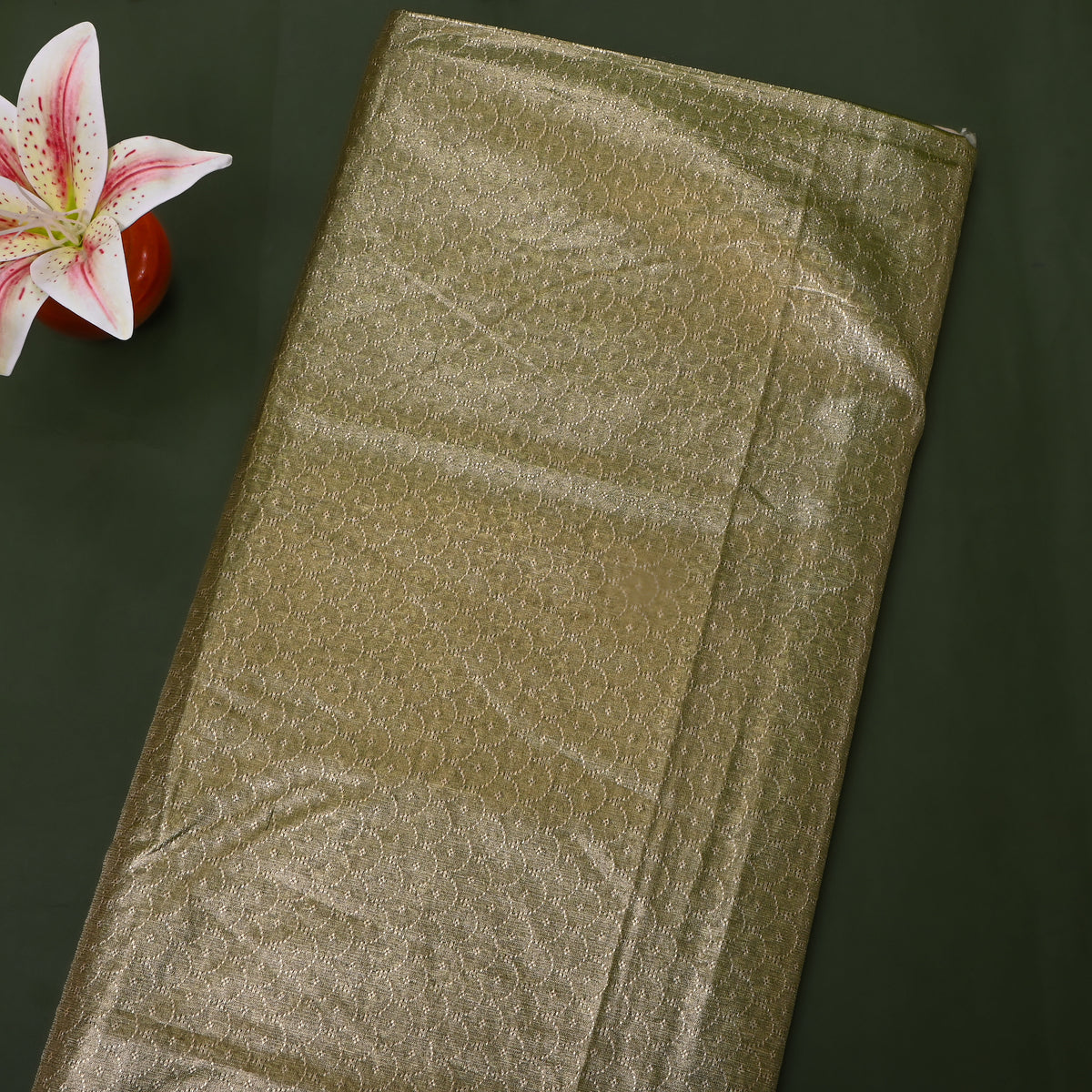 Olive Green Geometric Weave Jamawar Silk Fabric