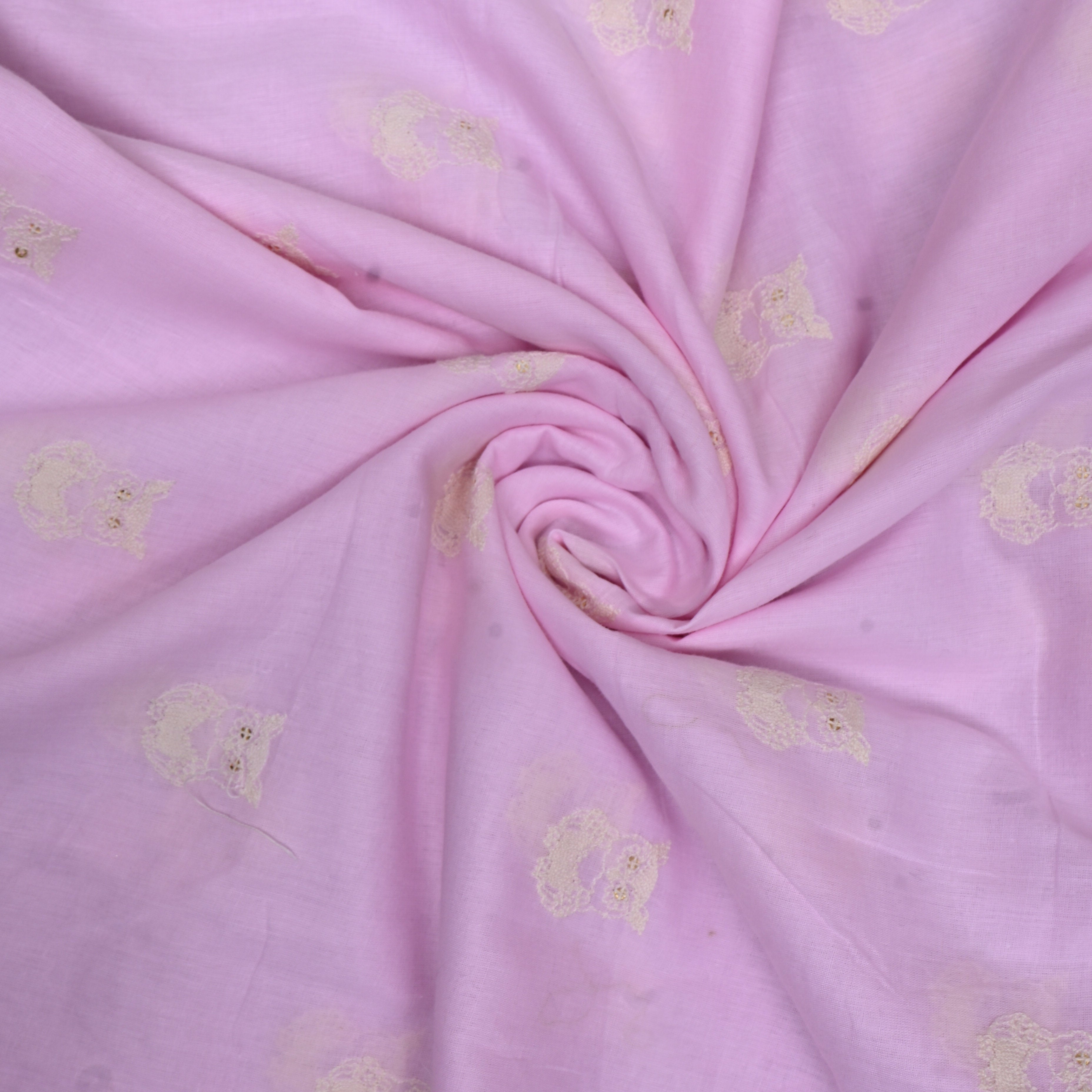 Lilac Owl Motif Sequin Embroidery Cotton Fabric