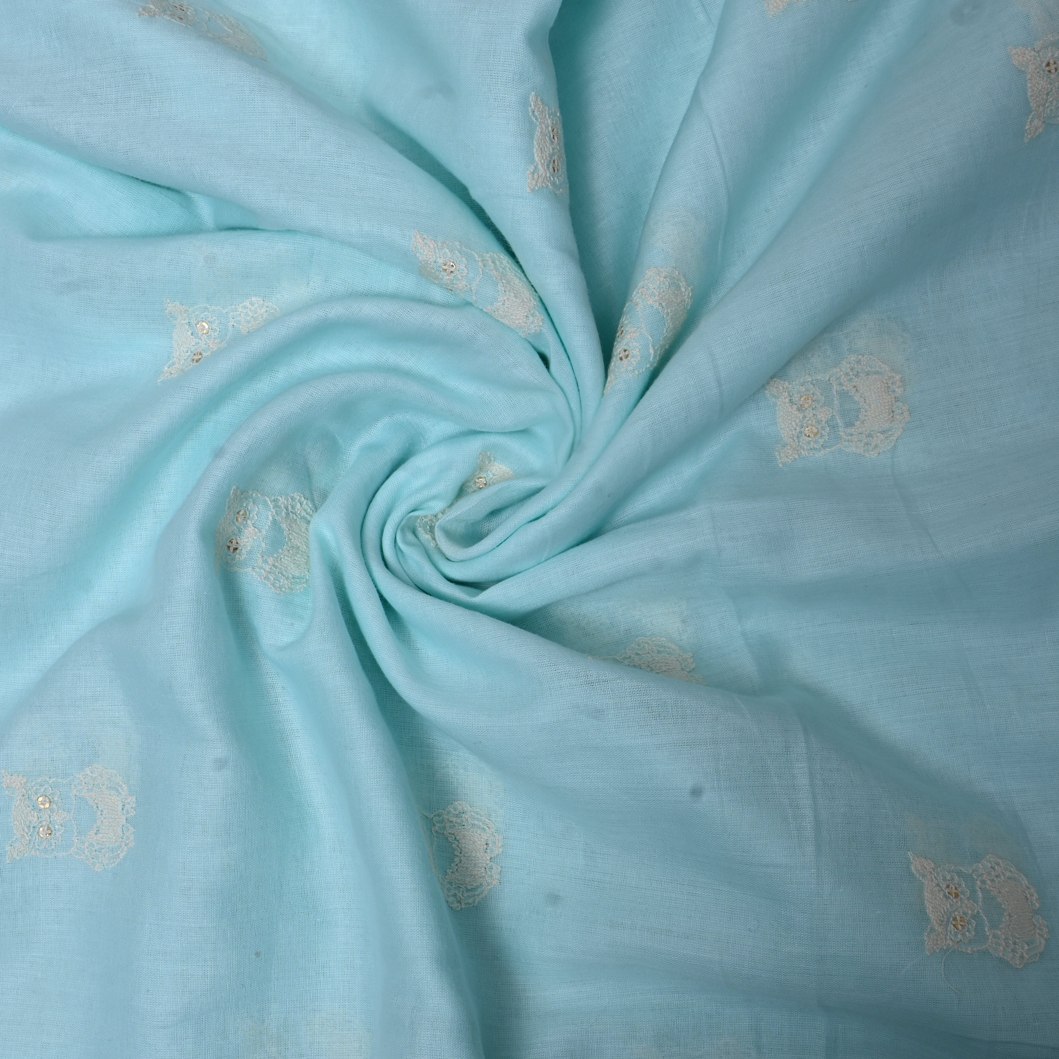 Sky Blue Owl Motif Sequin Embroidery Cotton Fabric
