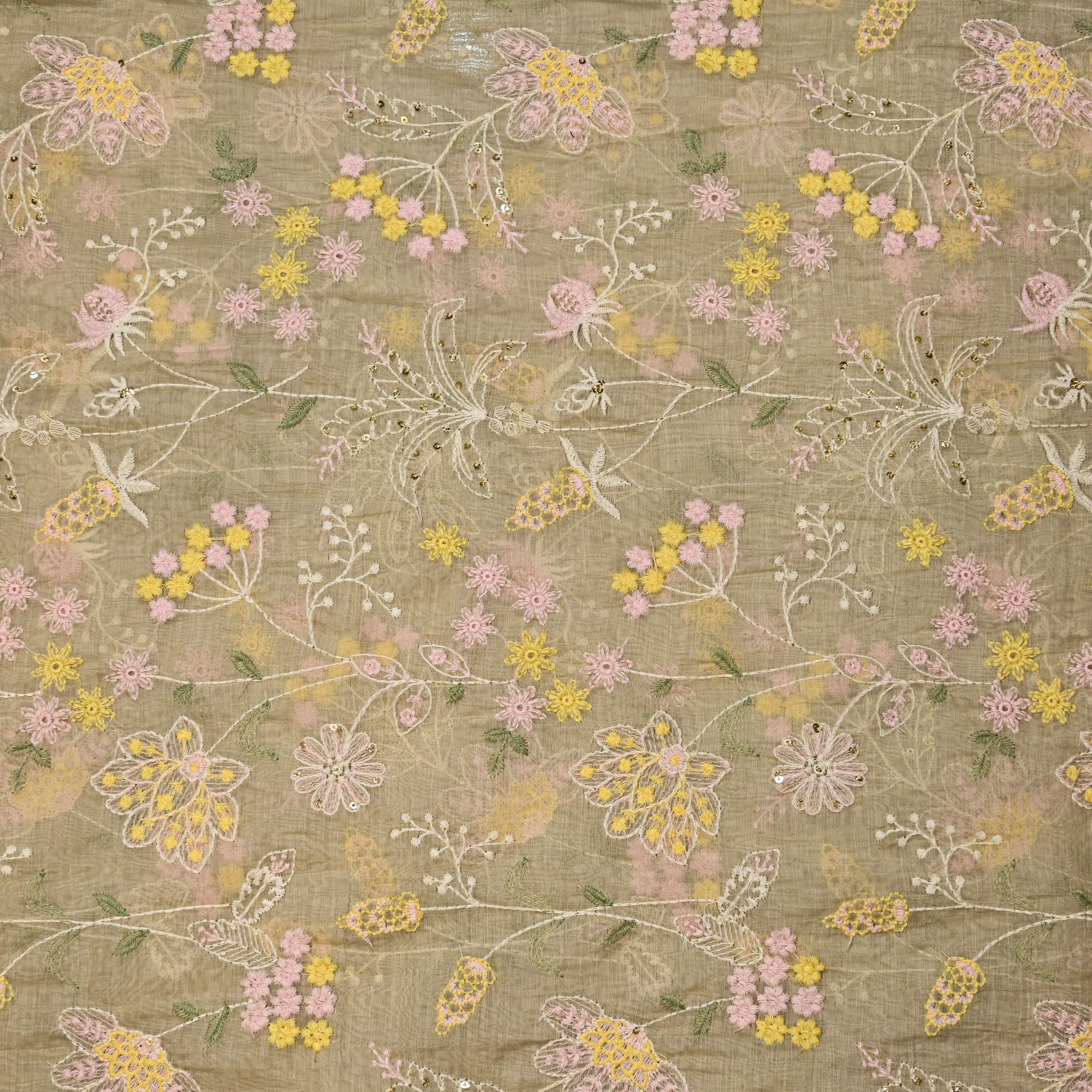 Gin Green Mul Chanderi Fabric With Embroidery