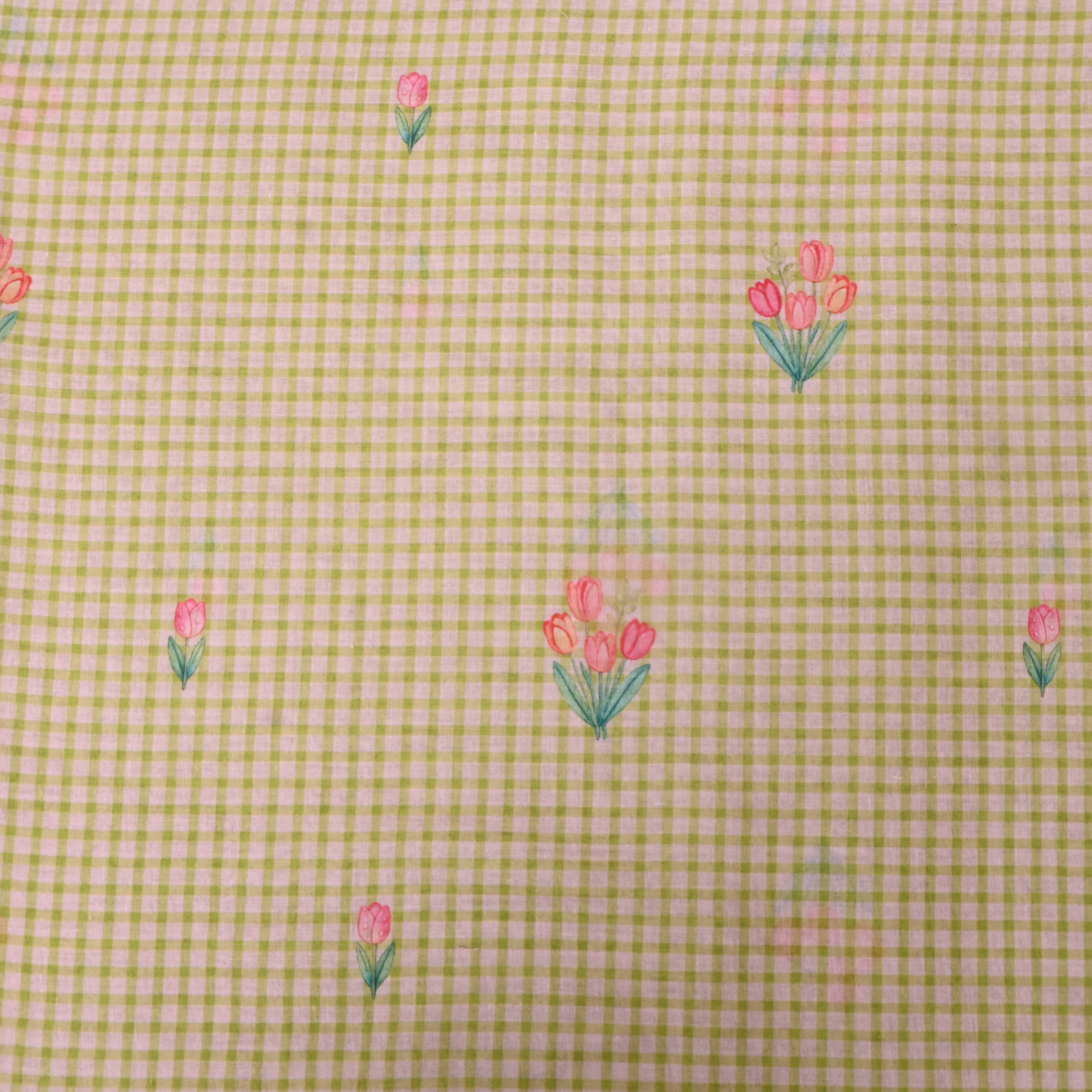 Green Gingham Linen With Tulip Print