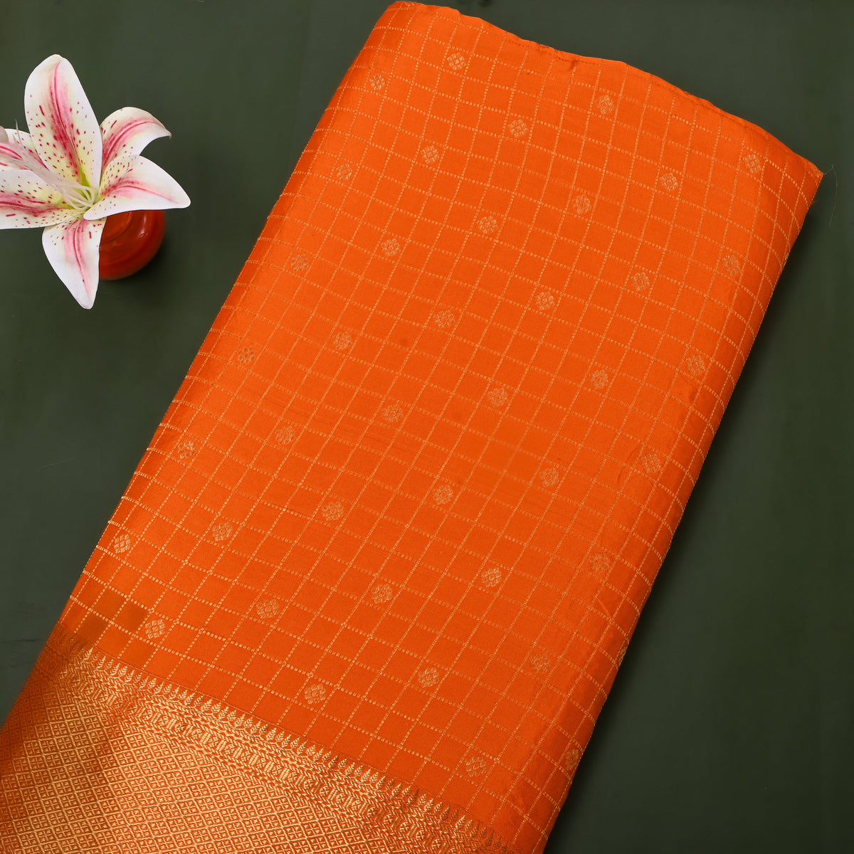 Marigold Orange Gold Zari Checks Butti Jamawar Silk Fabric