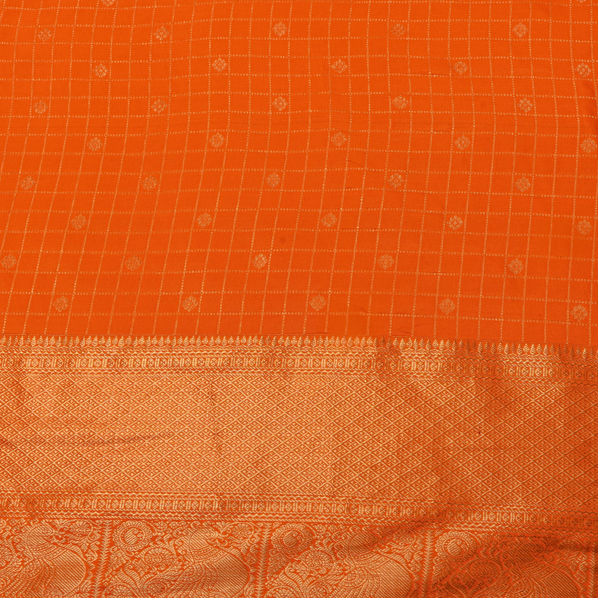 Marigold Orange Gold Zari Checks Butti Jamawar Silk Fabric