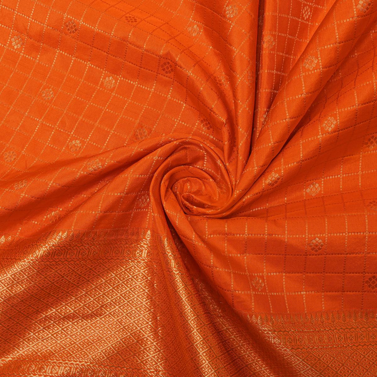 Marigold Orange Gold Zari Checks Butti Jamawar Silk Fabric