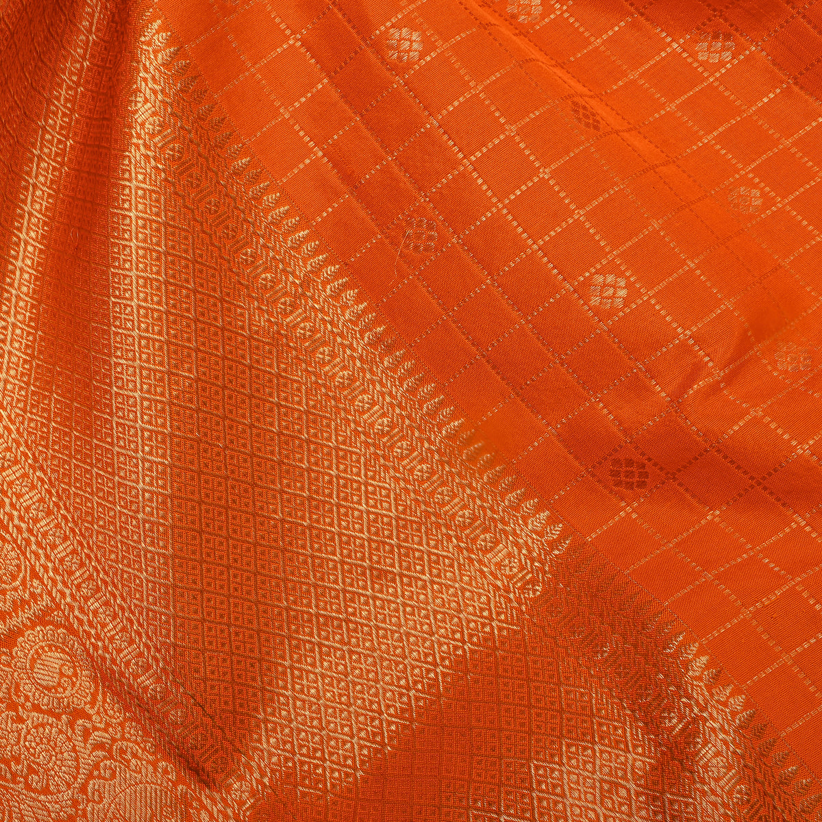 Marigold Orange Gold Zari Checks Butti Jamawar Silk Fabric
