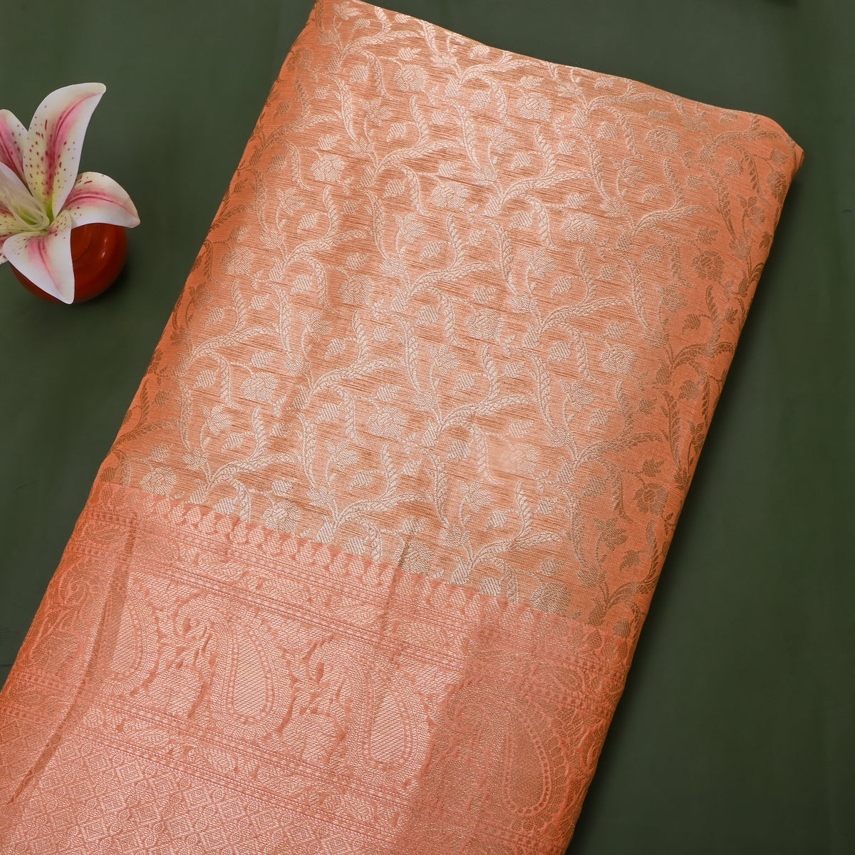 Apricot Orange Gold Zari Floral Jamawar Silk Fabric