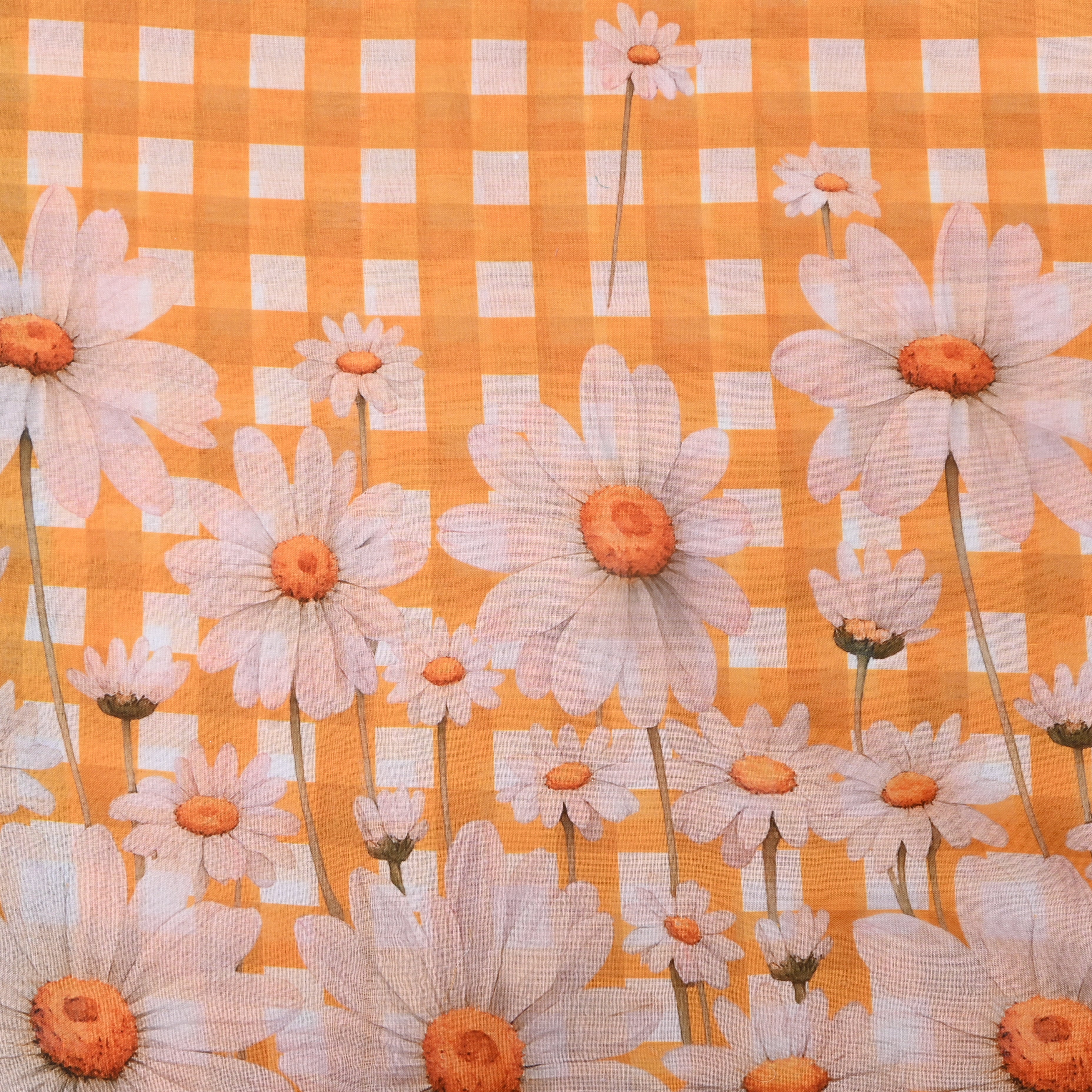 Orange Gingham Linen With Daisy Border Print