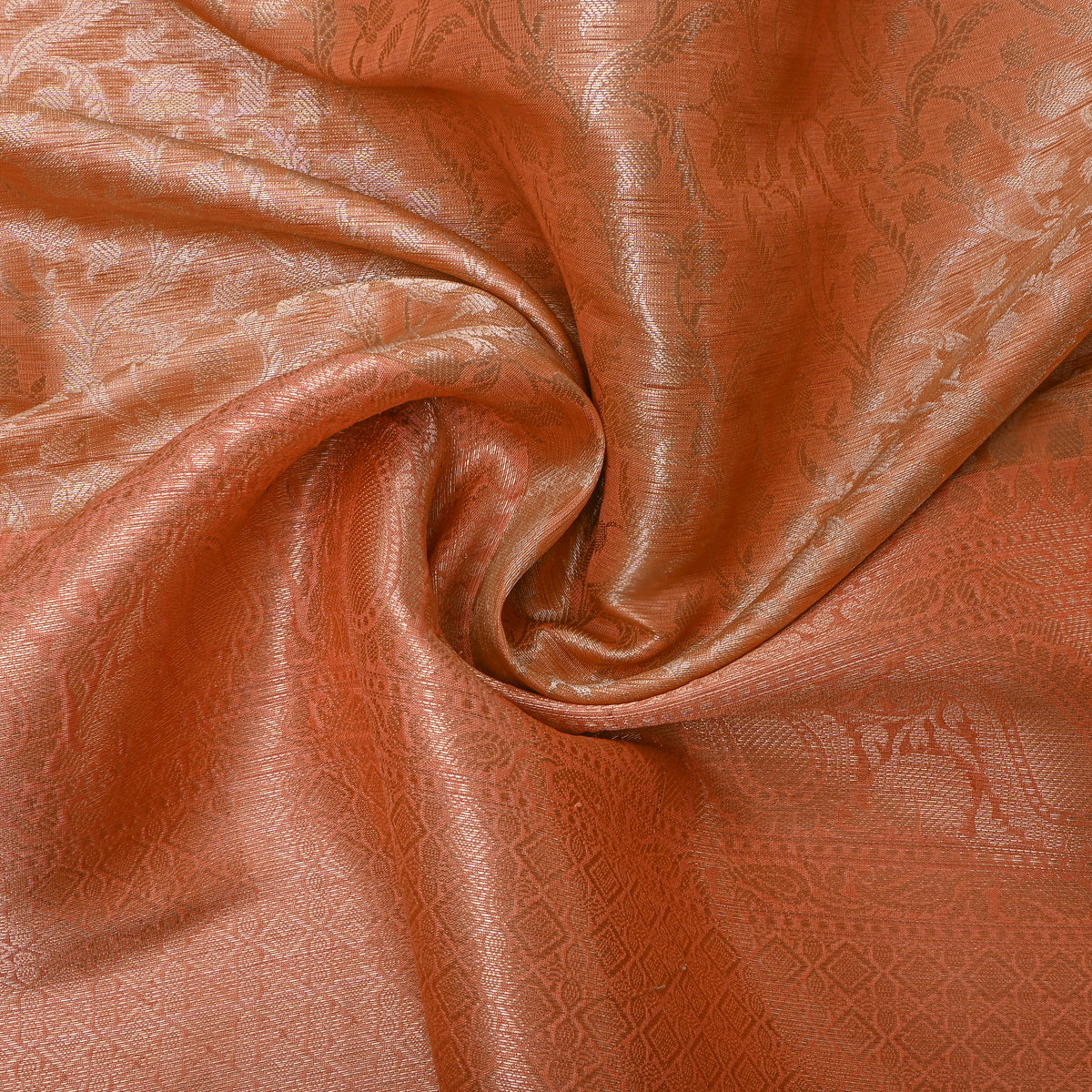 Apricot Orange Gold Zari Floral Jamawar Silk Fabric