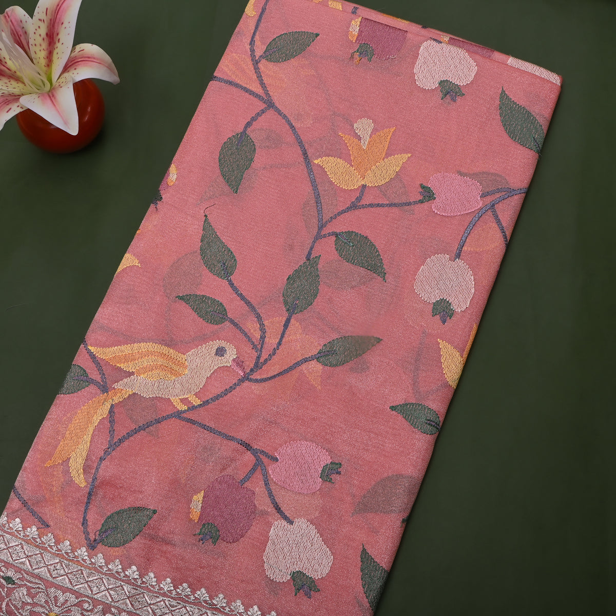 Rosewood Bird Floral Jaal Thread Embroidery Tissue Fabric