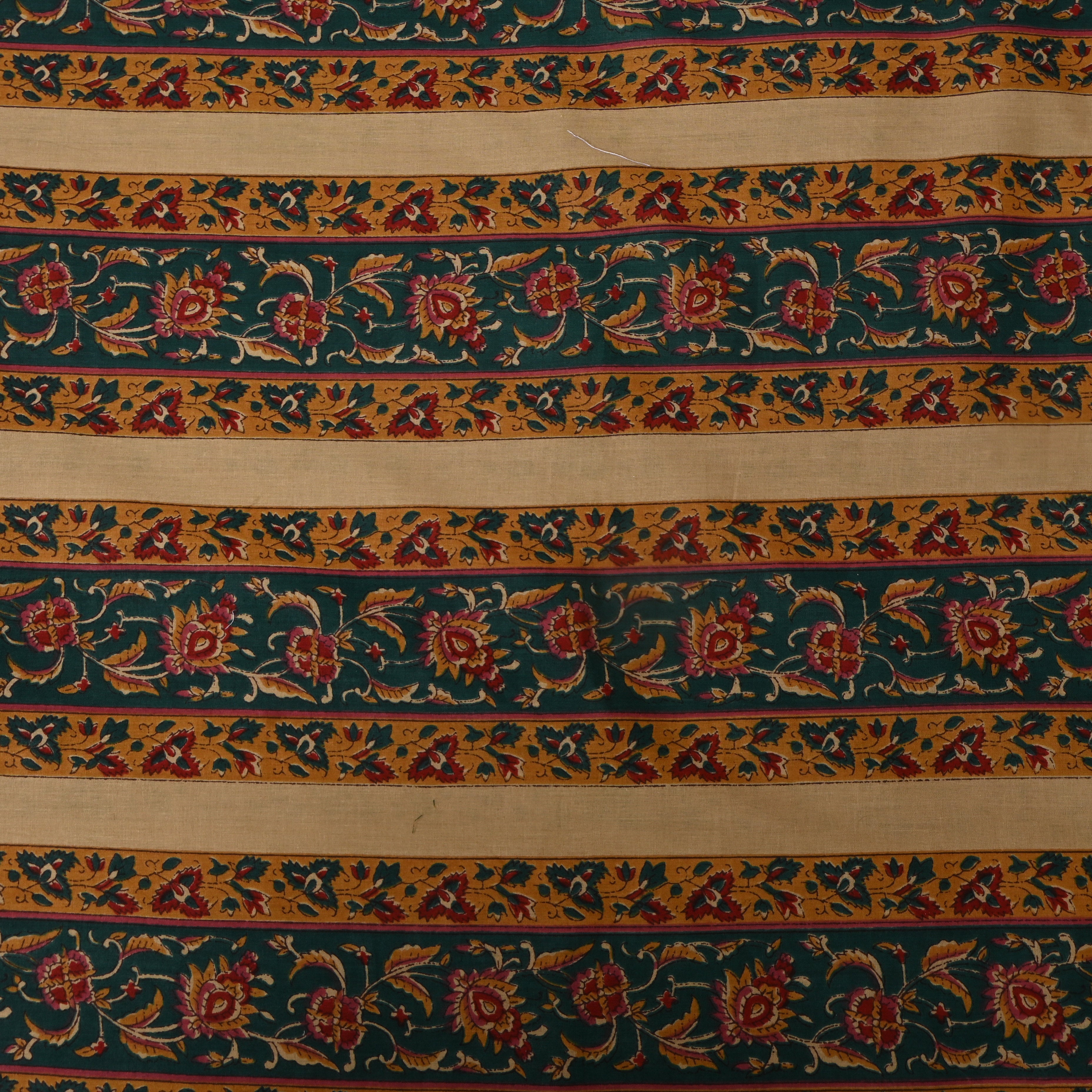 Teal Gold Floral Border Printed Cotton