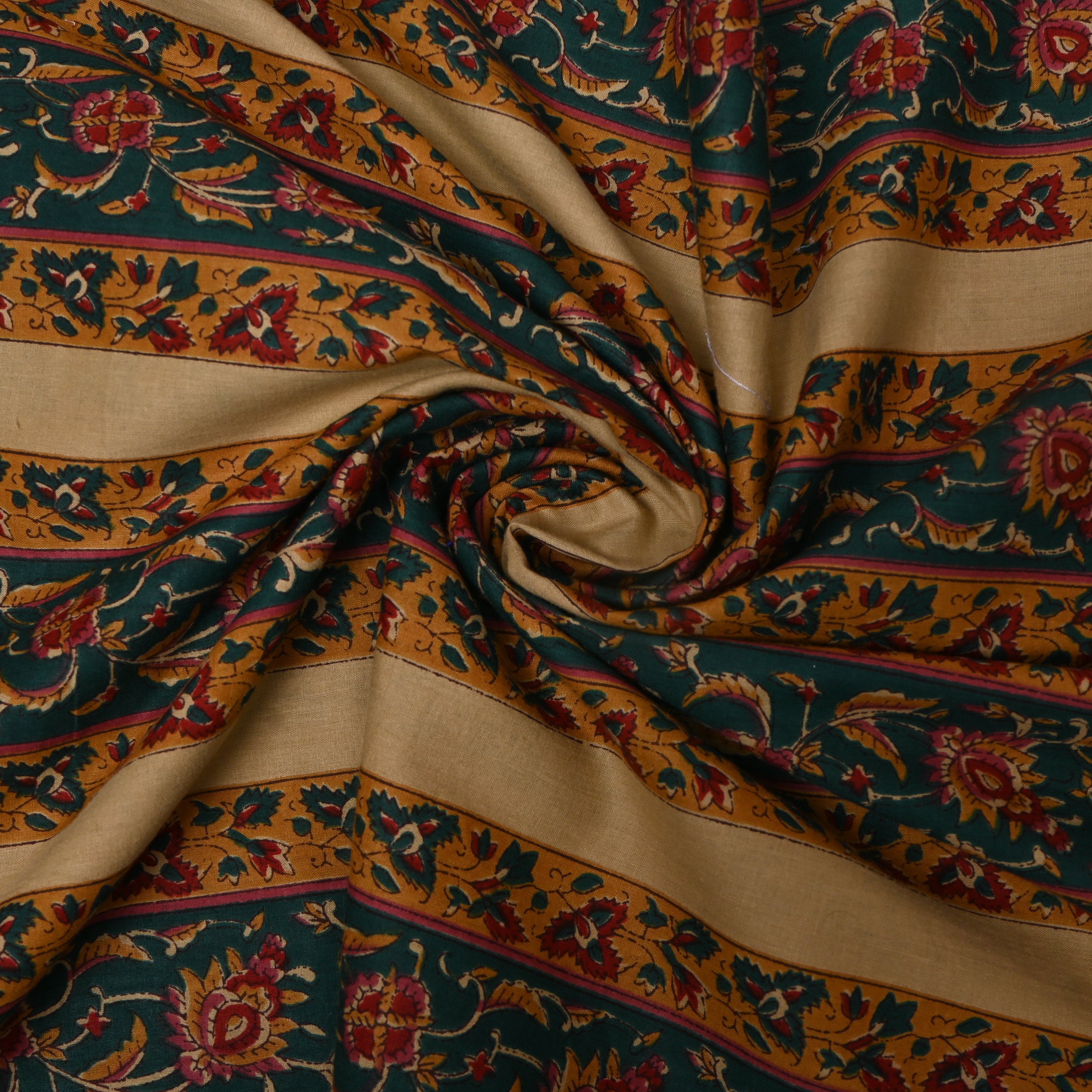 Teal Gold Floral Border Printed Cotton