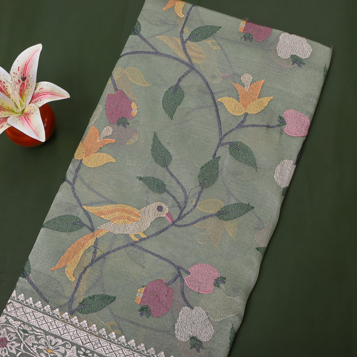 Sage Green Bird Branch Embroidered Tissue Fabric